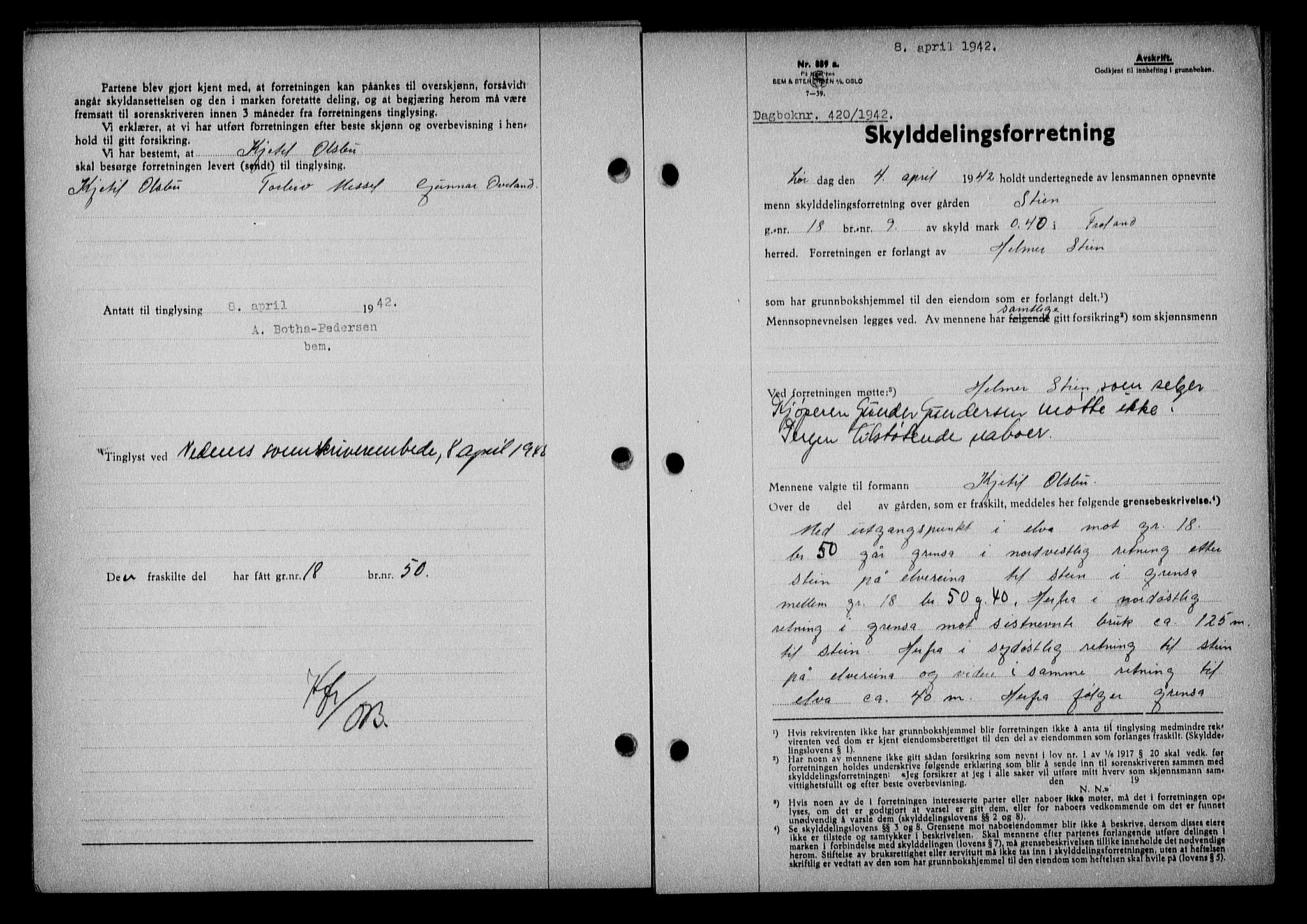 Nedenes sorenskriveri, SAK/1221-0006/G/Gb/Gba/L0049: Mortgage book no. A-III, 1941-1942, Diary no: : 420/1942