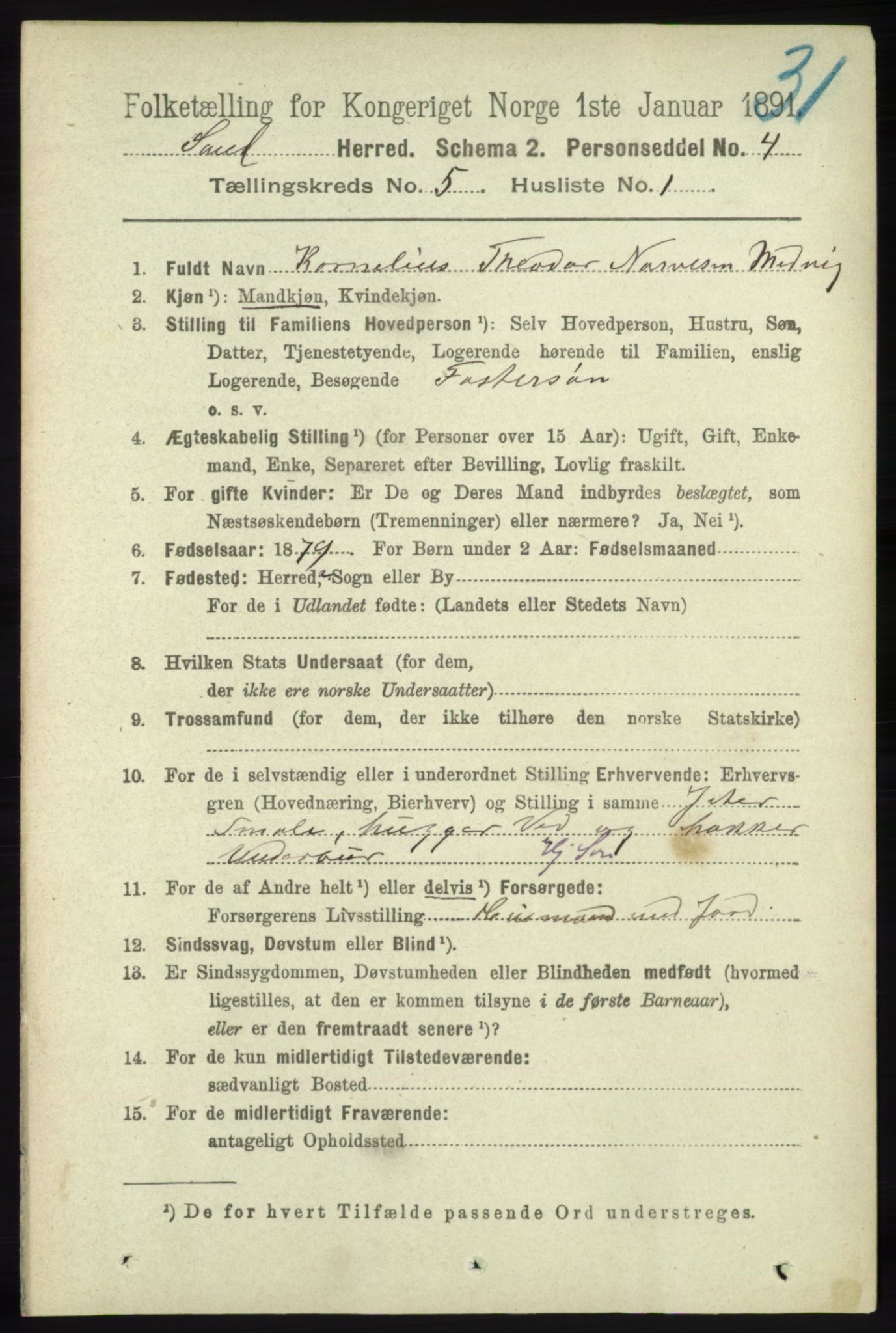 RA, 1891 census for 1136 Sand, 1891, p. 1552