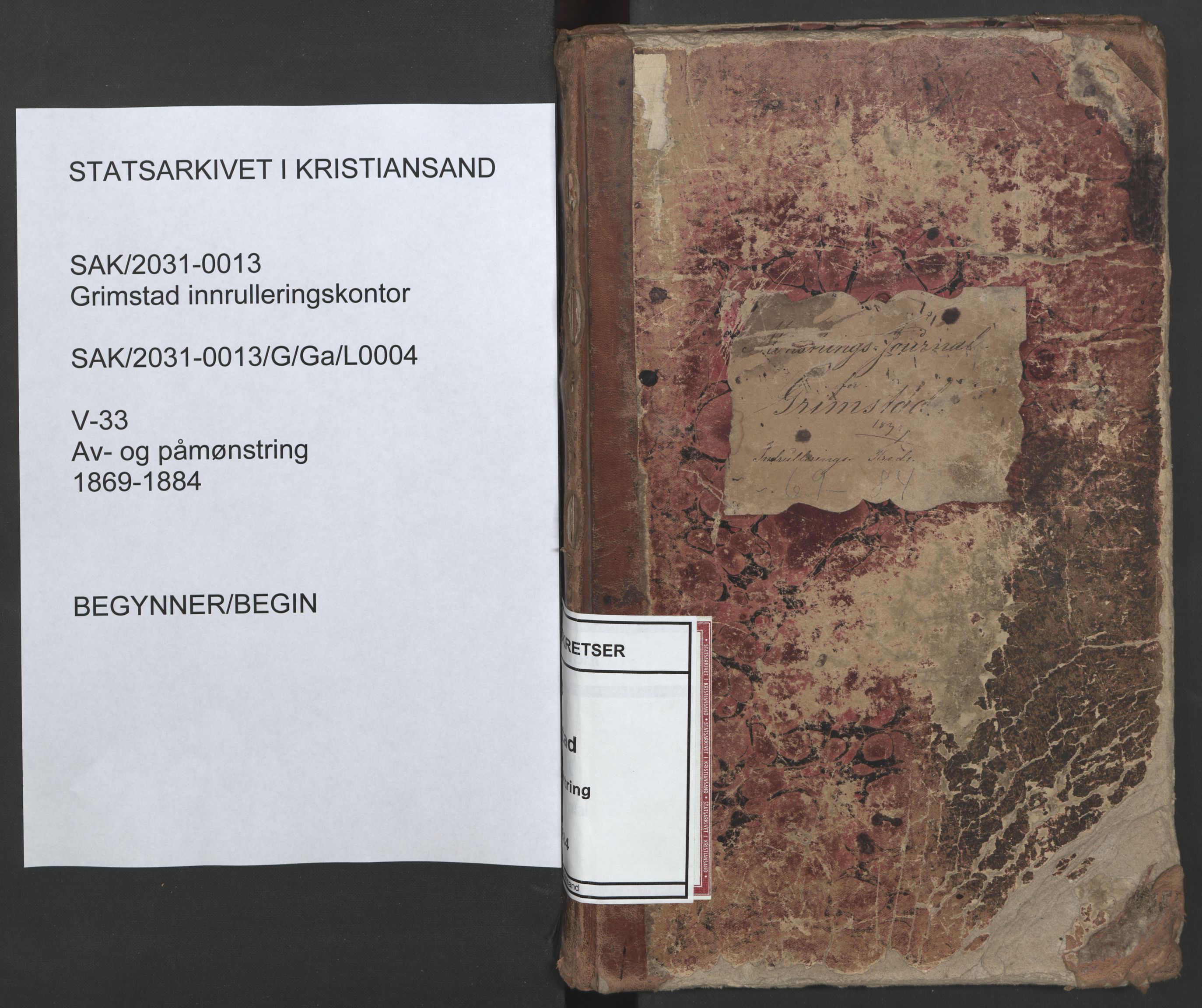 Grimstad mønstringskrets, SAK/2031-0013/G/Ga/L0004: Av- og påmønstring, V-33, 1869-1884, p. 1