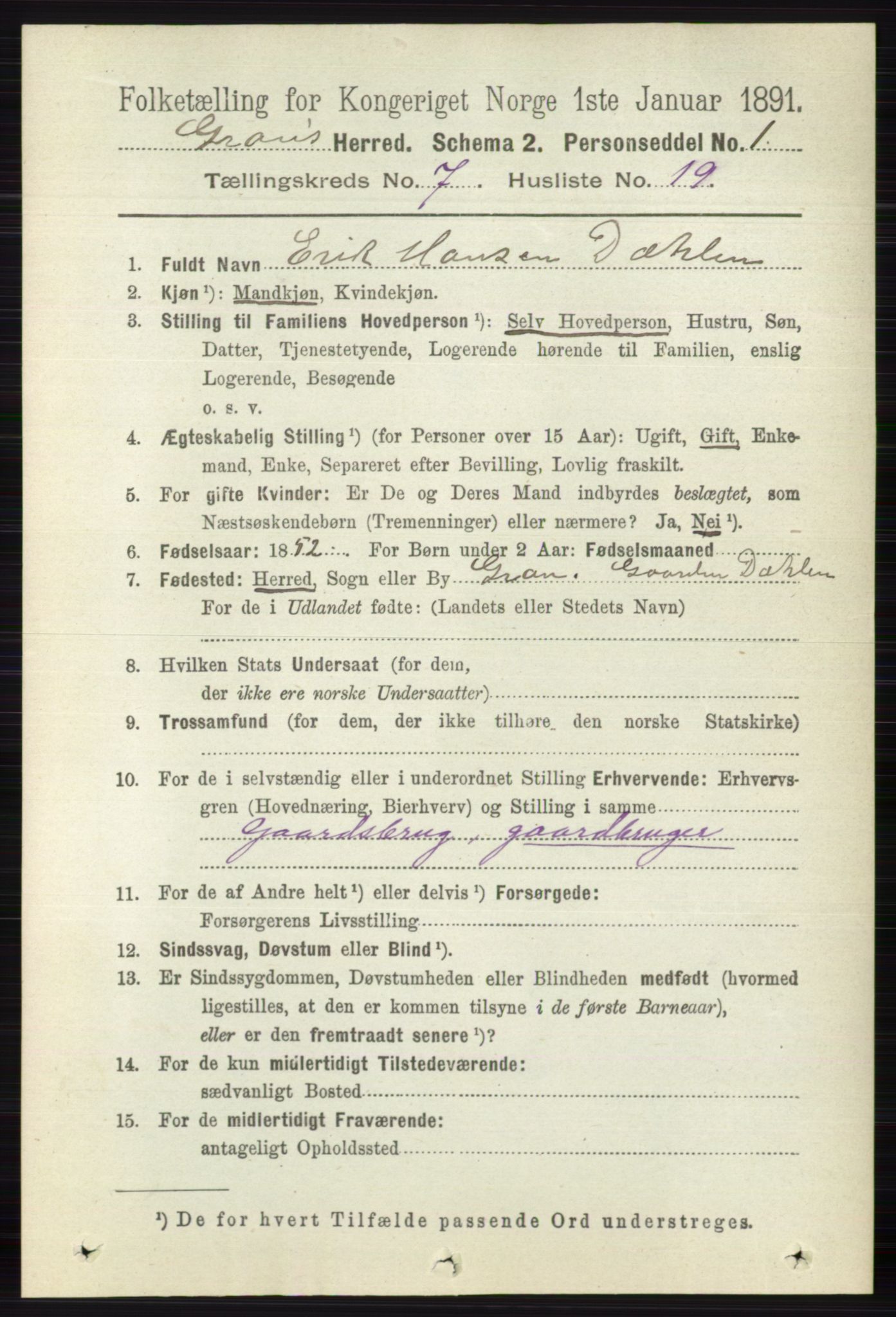 RA, 1891 census for 0534 Gran, 1891, p. 2943