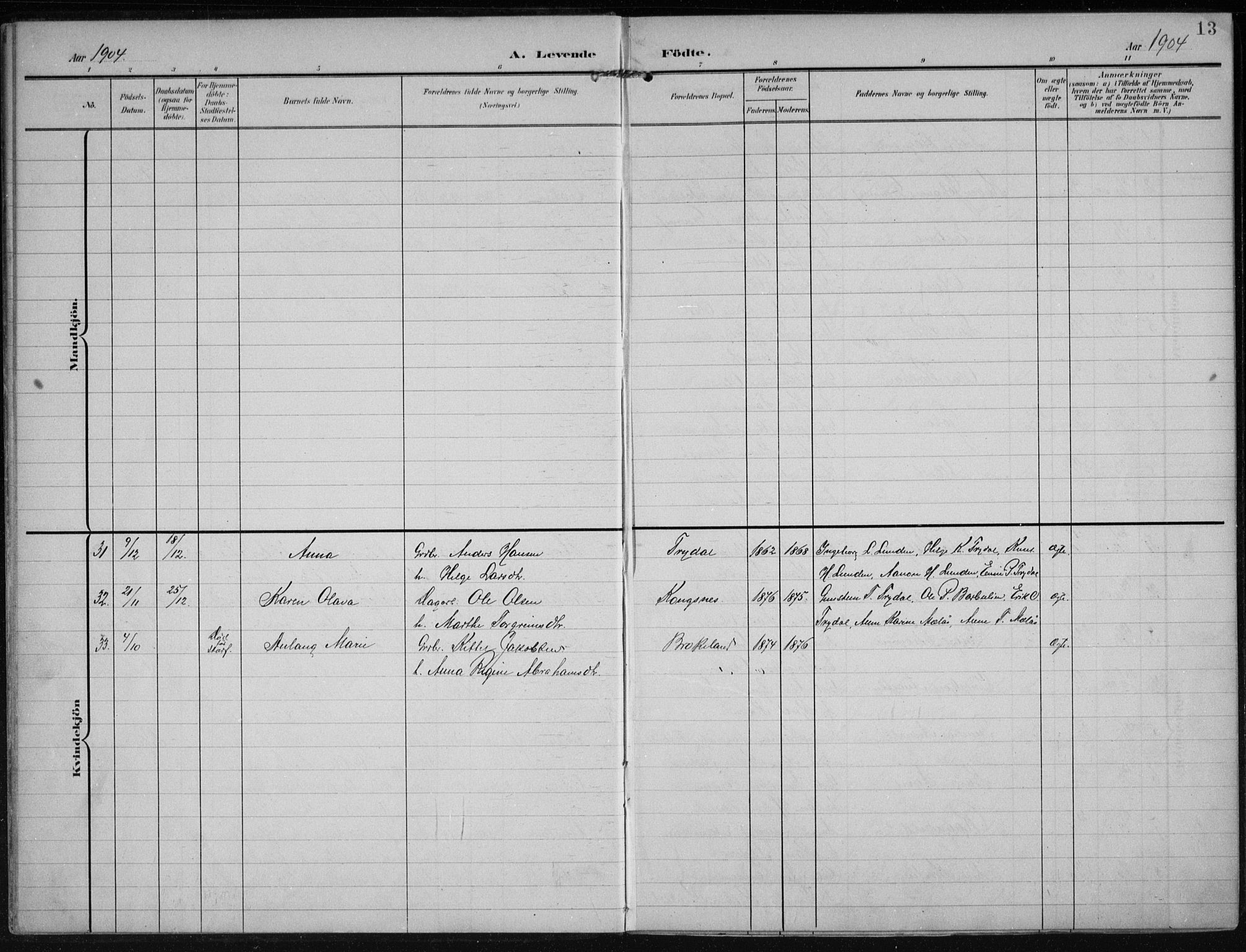 Gjerstad sokneprestkontor, AV/SAK-1111-0014/F/Fa/Faa/L0011: Parish register (official) no. A 11, 1903-1914, p. 13