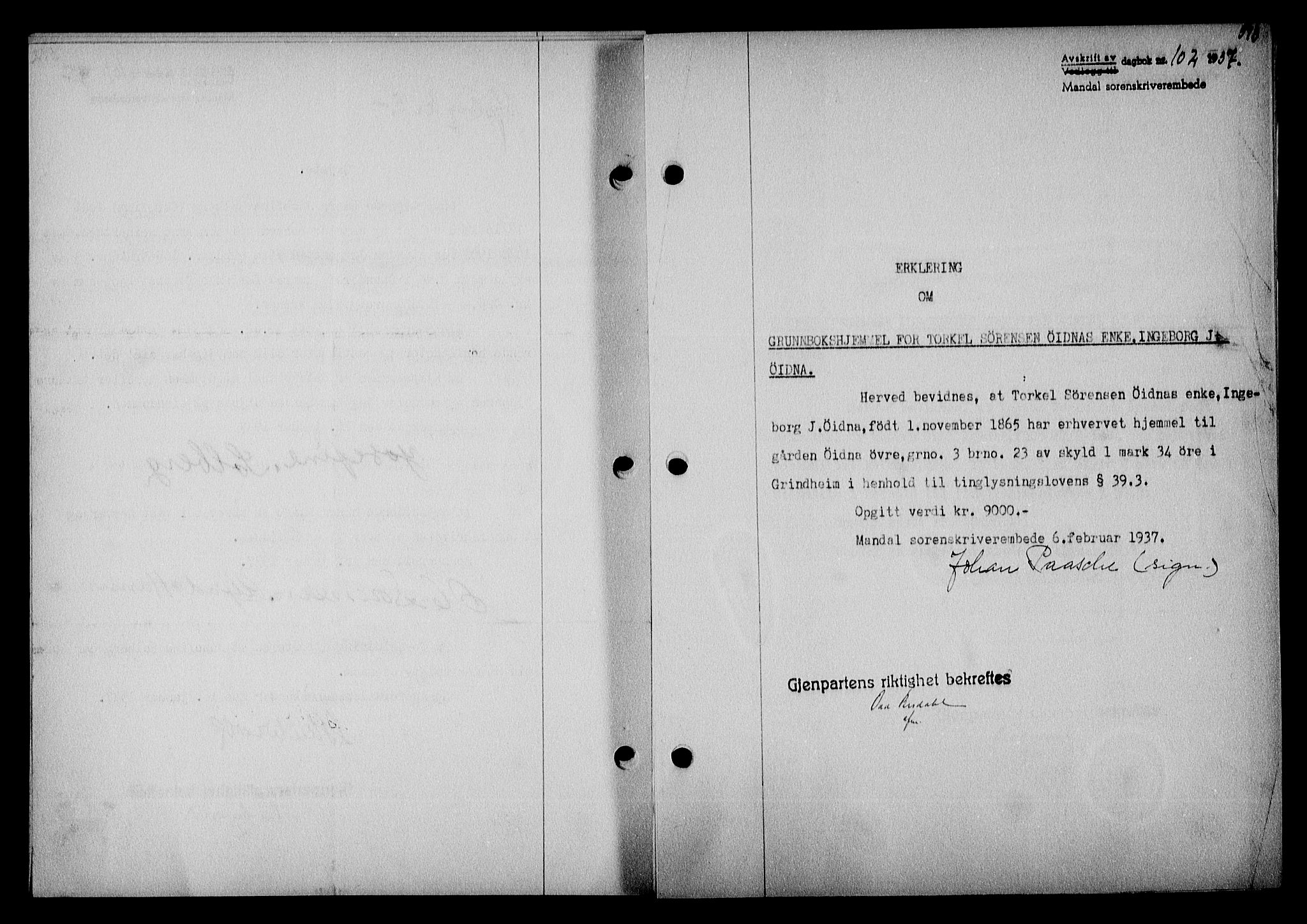 Mandal sorenskriveri, SAK/1221-0005/001/G/Gb/Gba/L0070: Mortgage book no. A-7, 1936-1937, Diary no: : 102/1937