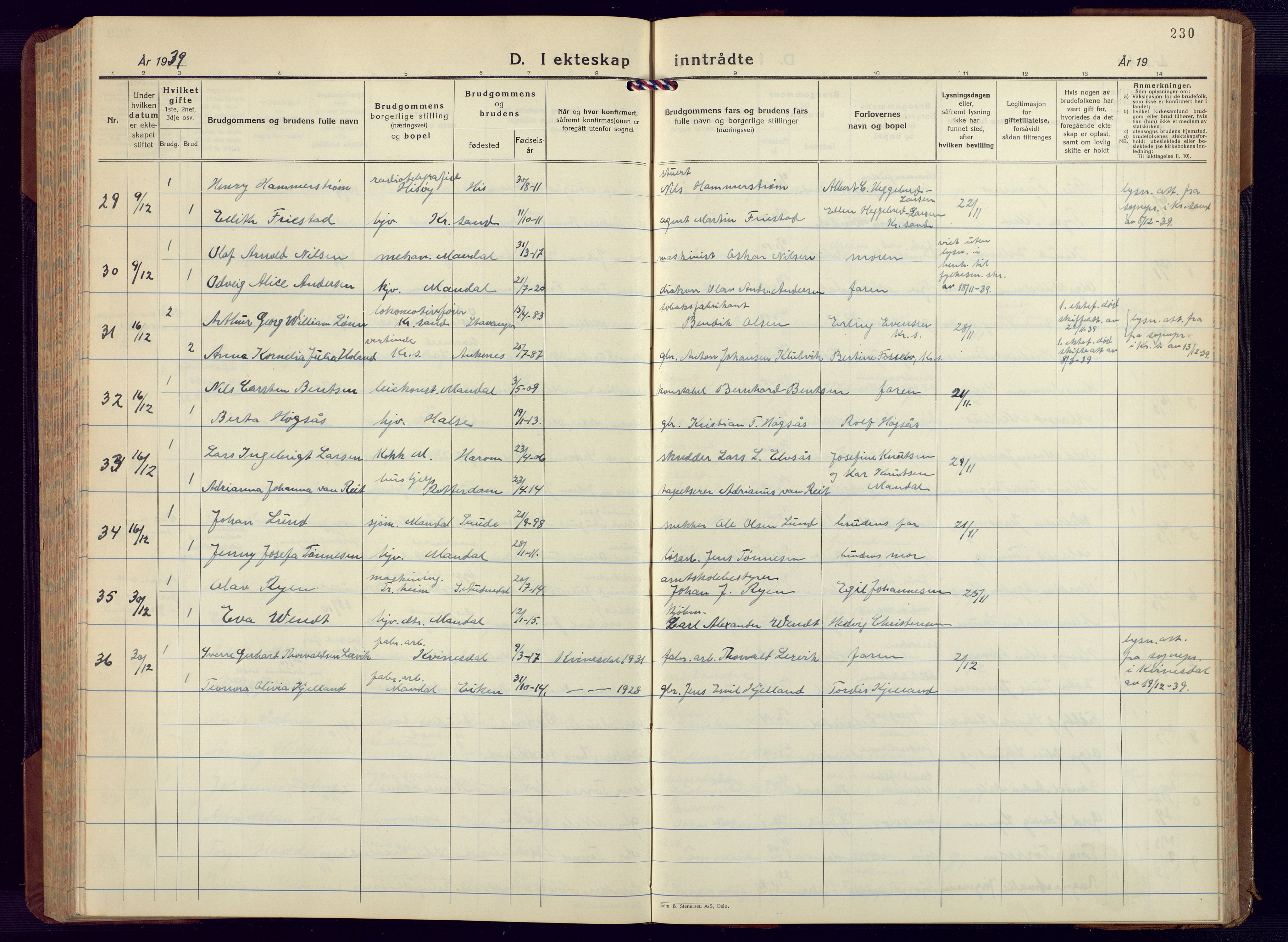 Mandal sokneprestkontor, AV/SAK-1111-0030/F/Fb/Fbc/L0002: Parish register (copy) no. B 2, 1931-1949, p. 230