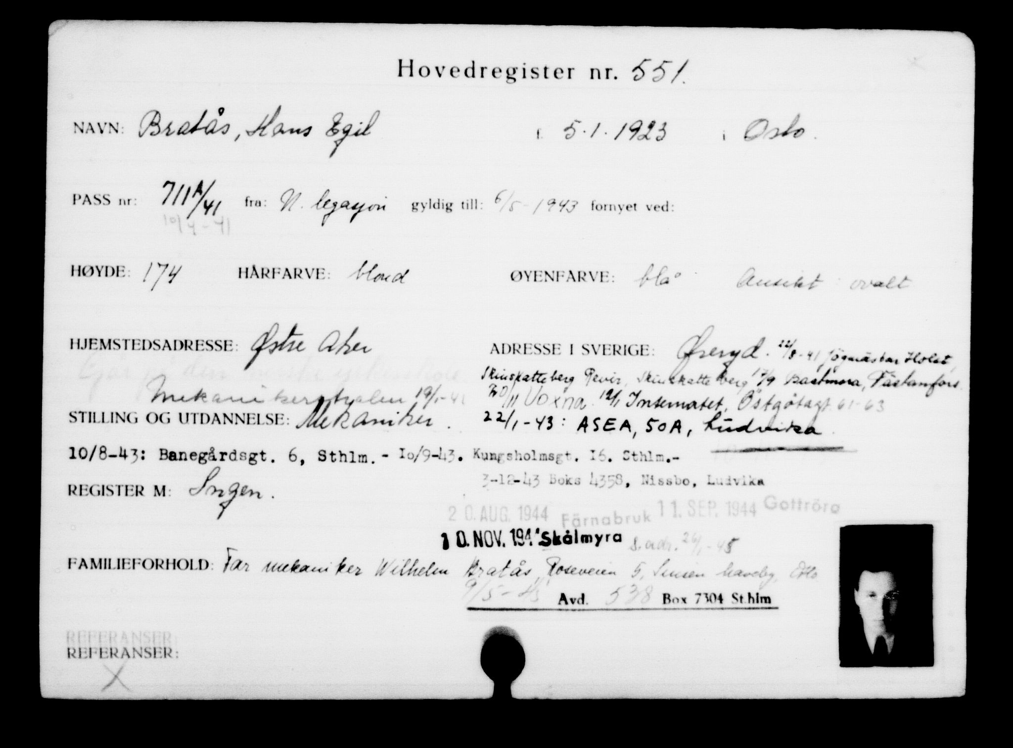 Utenriksstasjonene, Legasjonen i Stockholm, Flyktningkontoret, AV/RA-S-6753/V/Va/L0001: Kjesäterkartoteket, flyktninger med registreringsnr. 1-1000, 1940-1945, p. 857