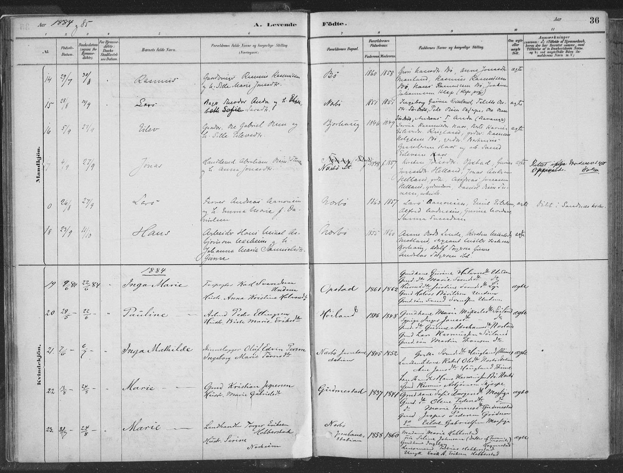 Hå sokneprestkontor, SAST/A-101801/001/30BA/L0010: Parish register (official) no. A 9, 1879-1896, p. 36