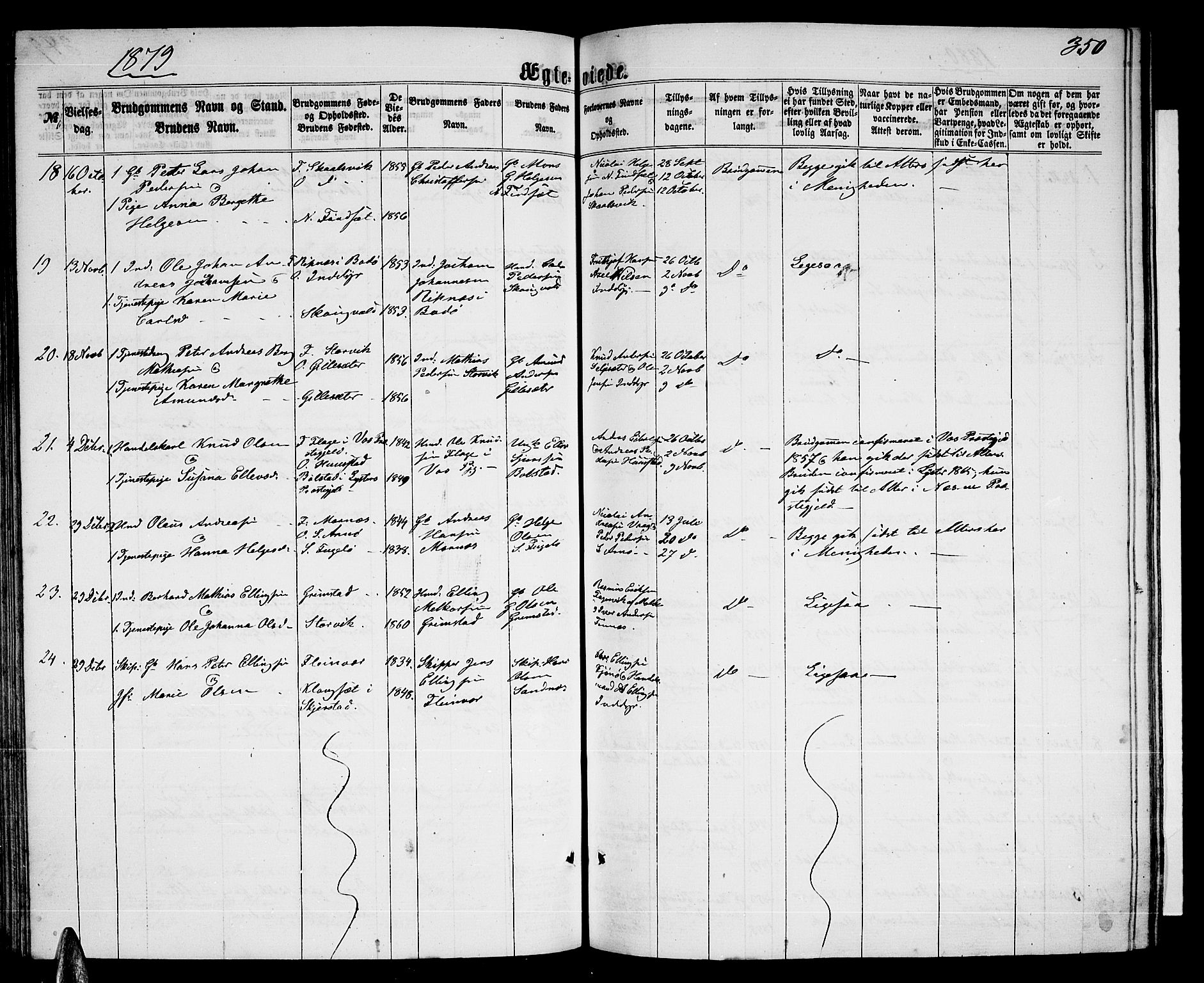 Ministerialprotokoller, klokkerbøker og fødselsregistre - Nordland, AV/SAT-A-1459/805/L0107: Parish register (copy) no. 805C03, 1862-1885, p. 350