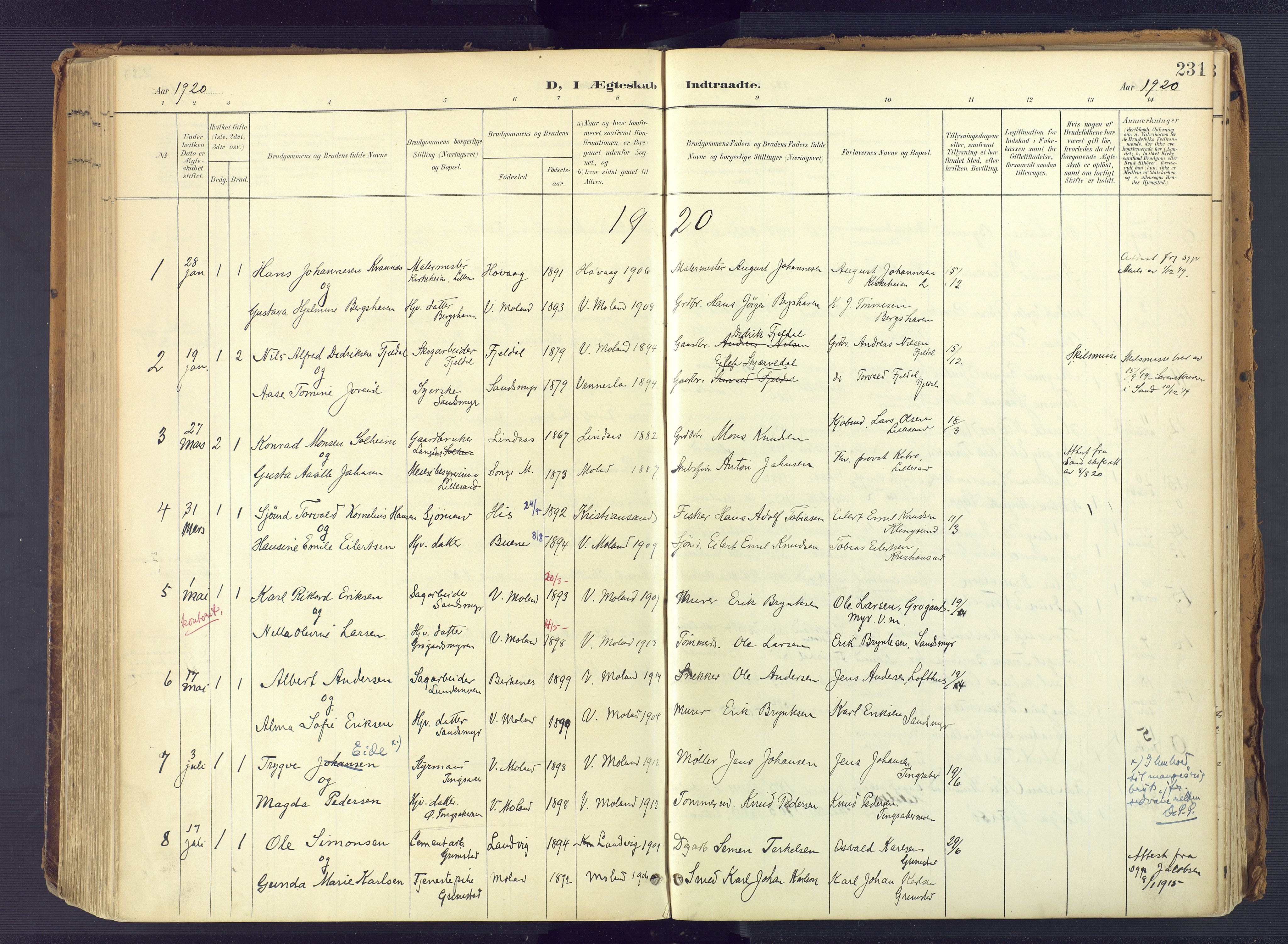 Vestre Moland sokneprestkontor, AV/SAK-1111-0046/F/Fa/Fab/L0010: Parish register (official) no. A 10, 1900-1926, p. 231