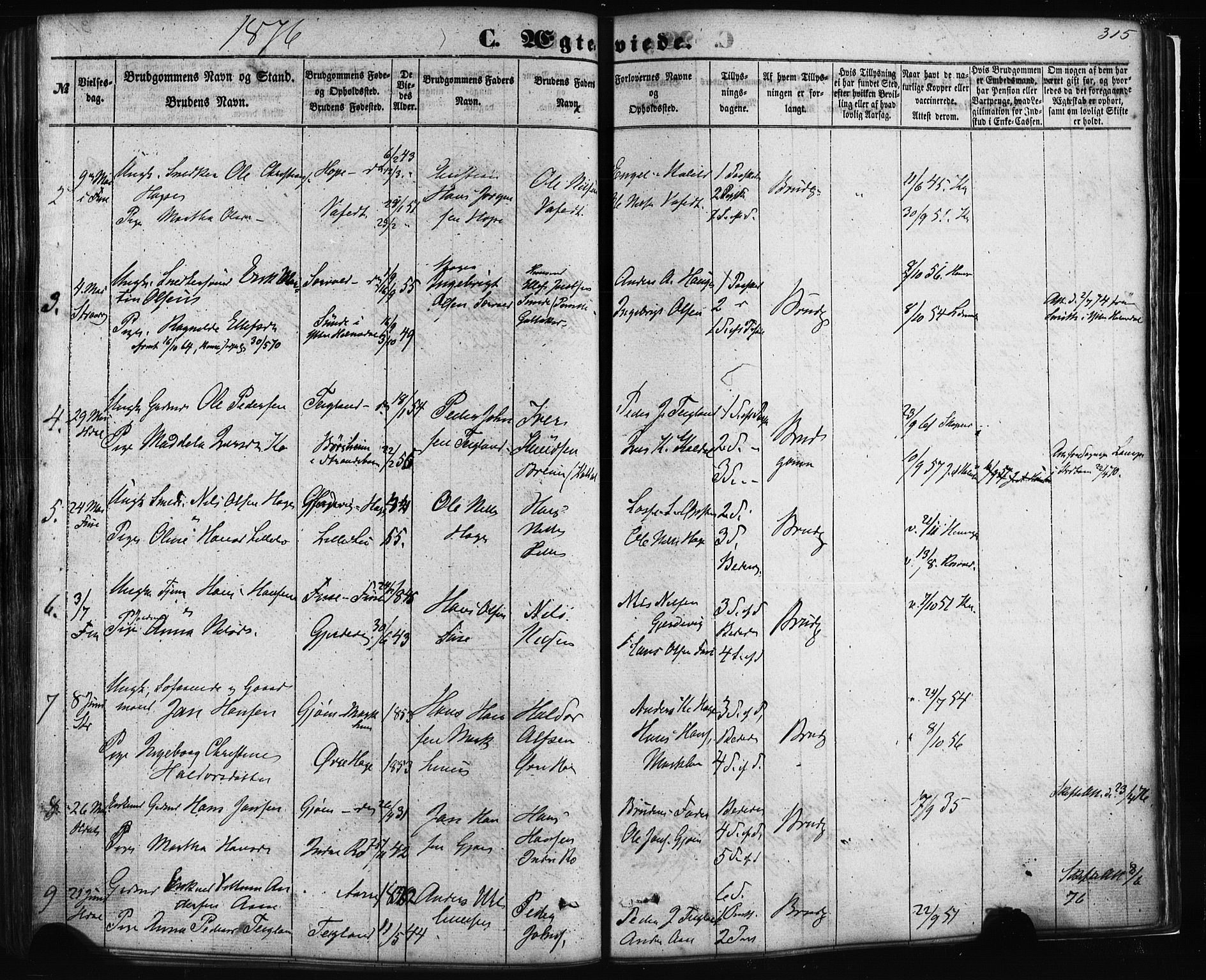 Fusa sokneprestembete, AV/SAB-A-75401/H/Haa: Parish register (official) no. A 1I, 1855-1879, p. 315