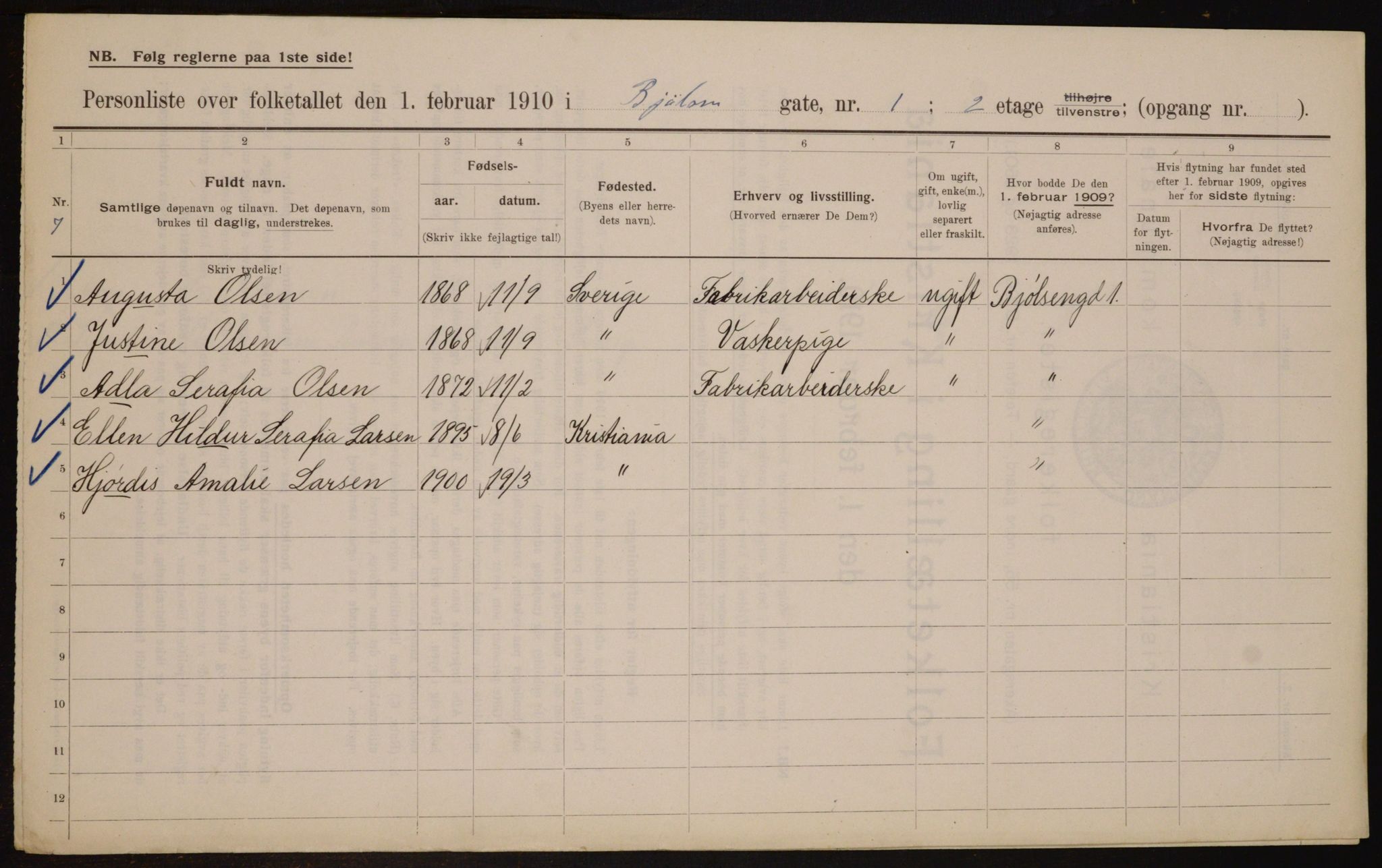 OBA, Municipal Census 1910 for Kristiania, 1910, p. 6234