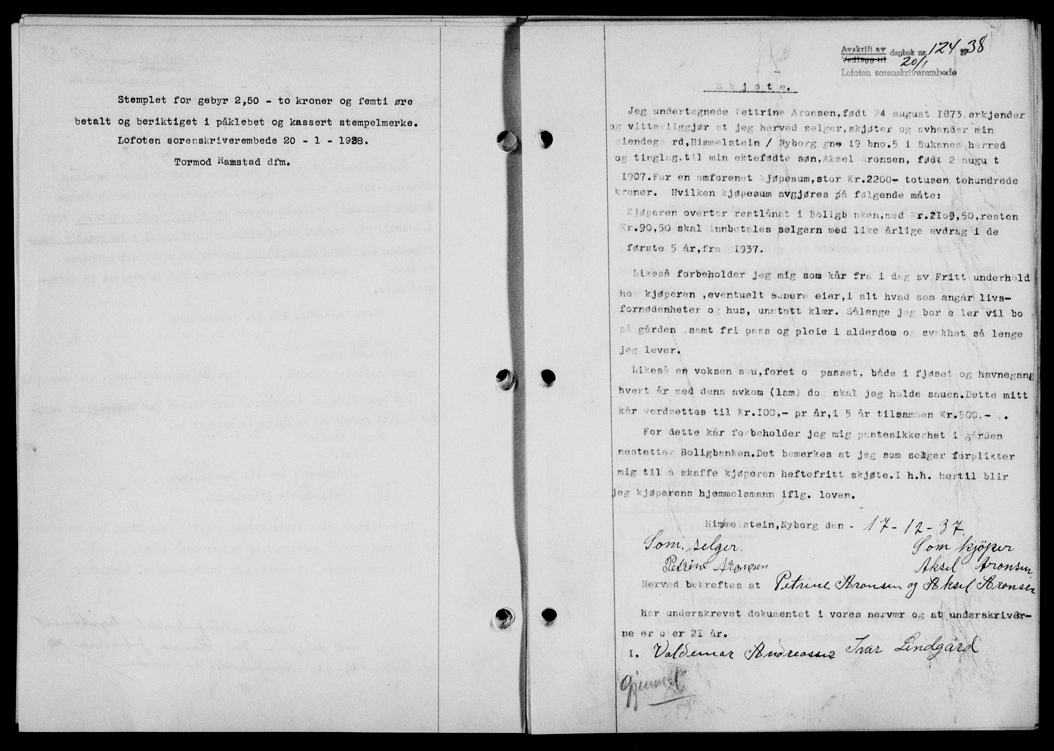 Lofoten sorenskriveri, SAT/A-0017/1/2/2C/L0003a: Mortgage book no. 3a, 1937-1938, Diary no: : 124/1938