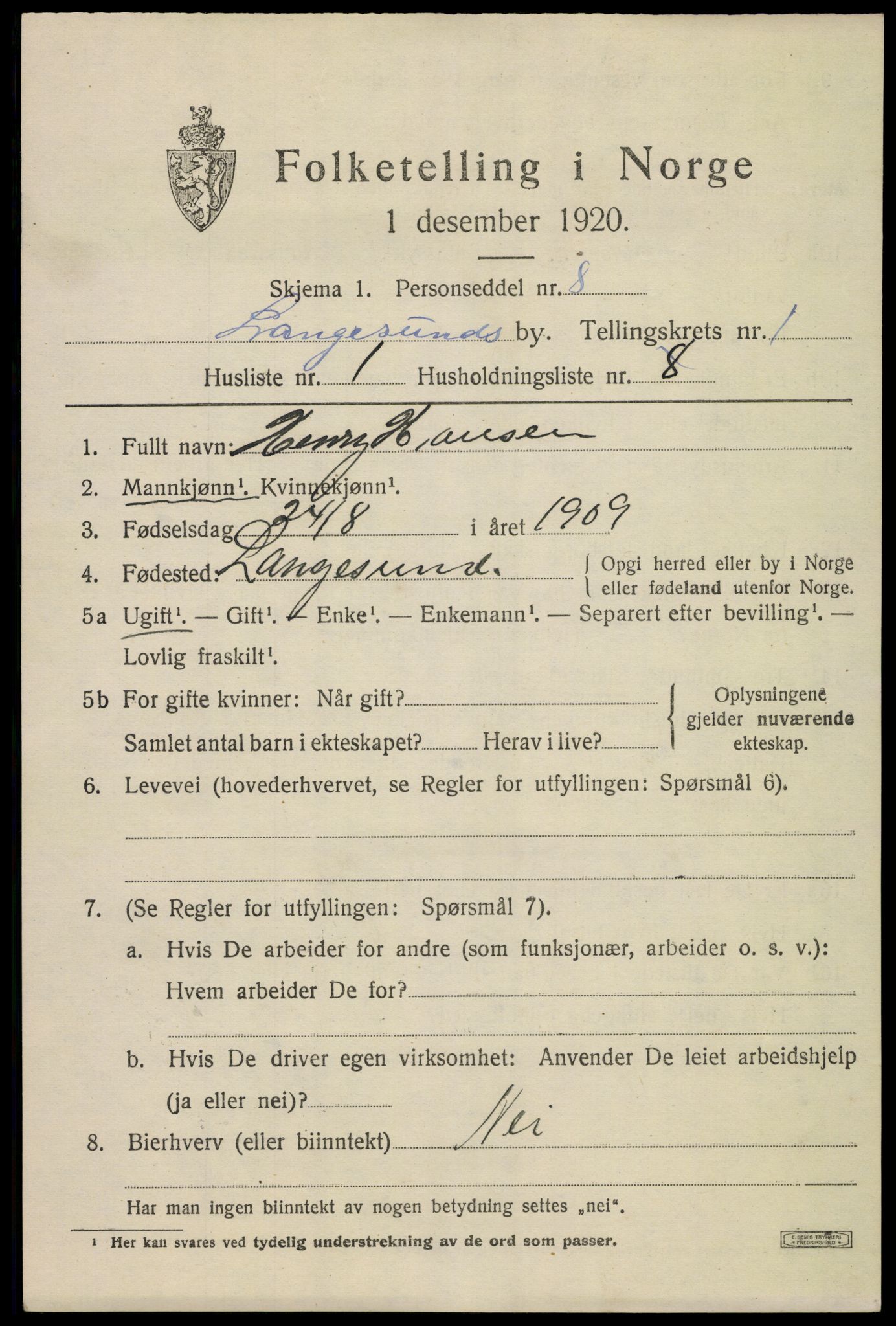 SAKO, 1920 census for Langesund, 1920, p. 1673