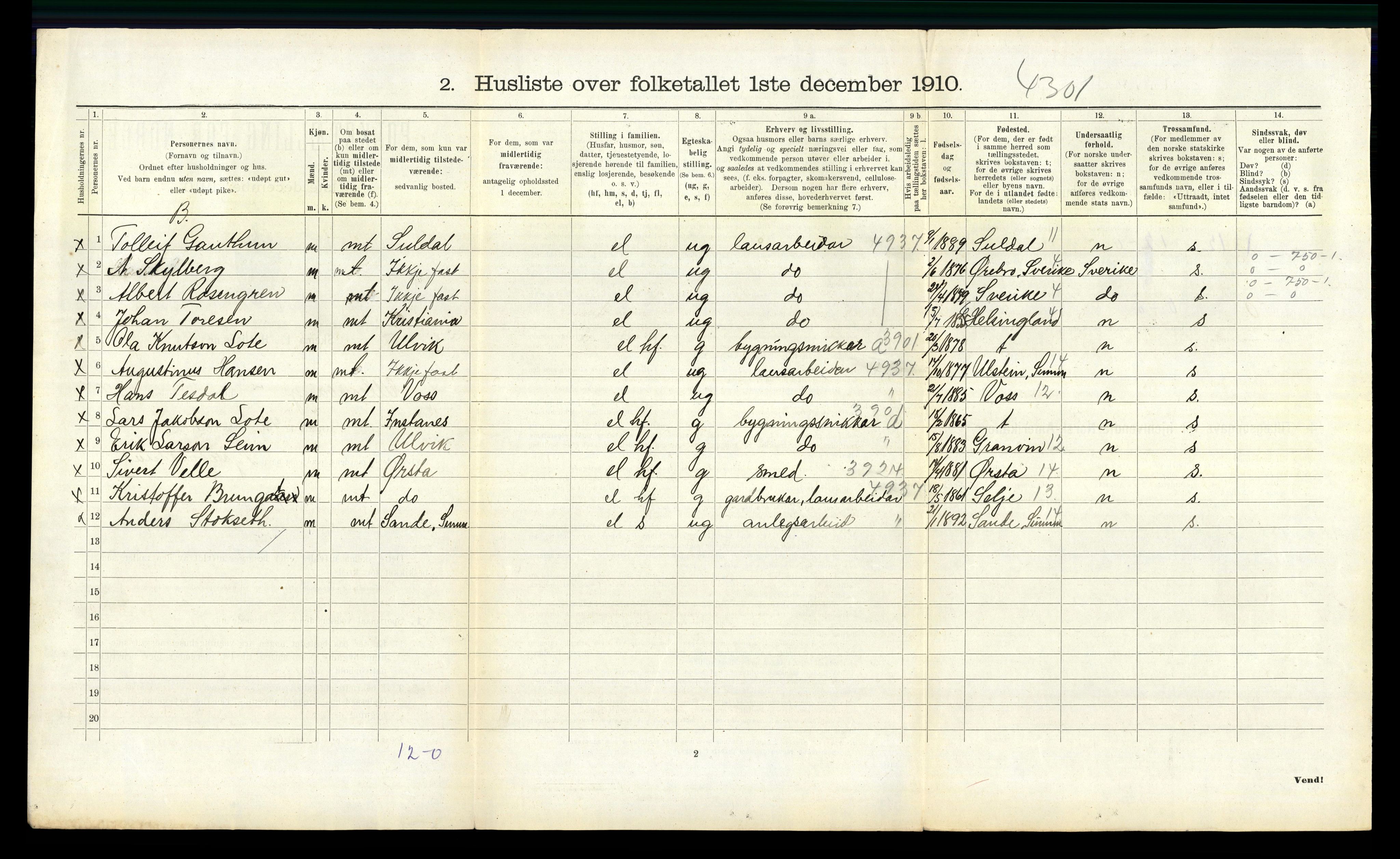 RA, 1910 census for Ullensvang, 1910, p. 952