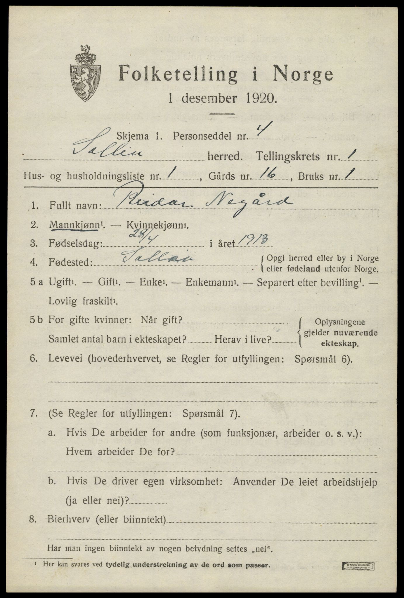 SAH, 1920 census for Sollia, 1920, p. 189