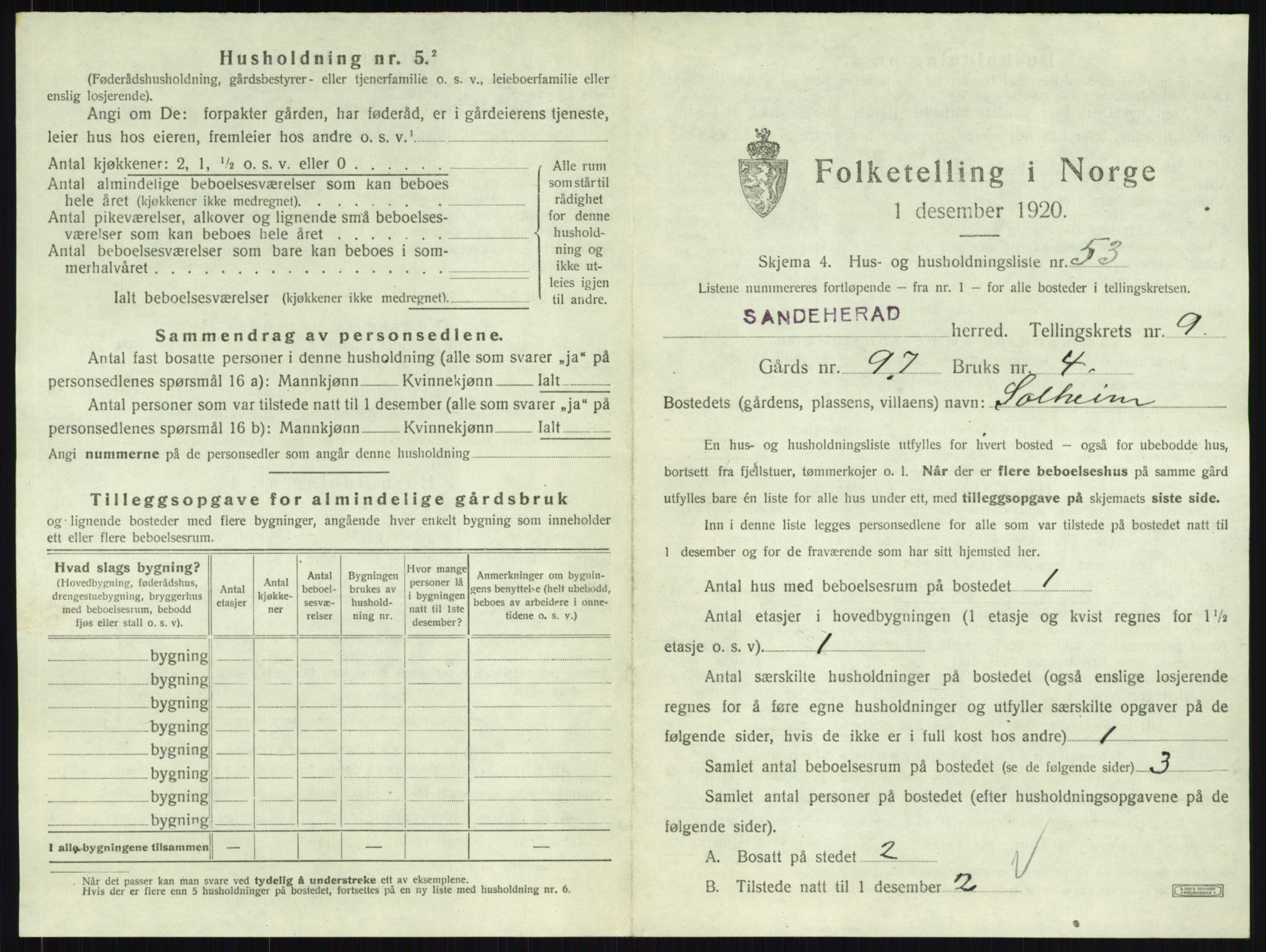 SAKO, 1920 census for Sandeherred, 1920, p. 2043