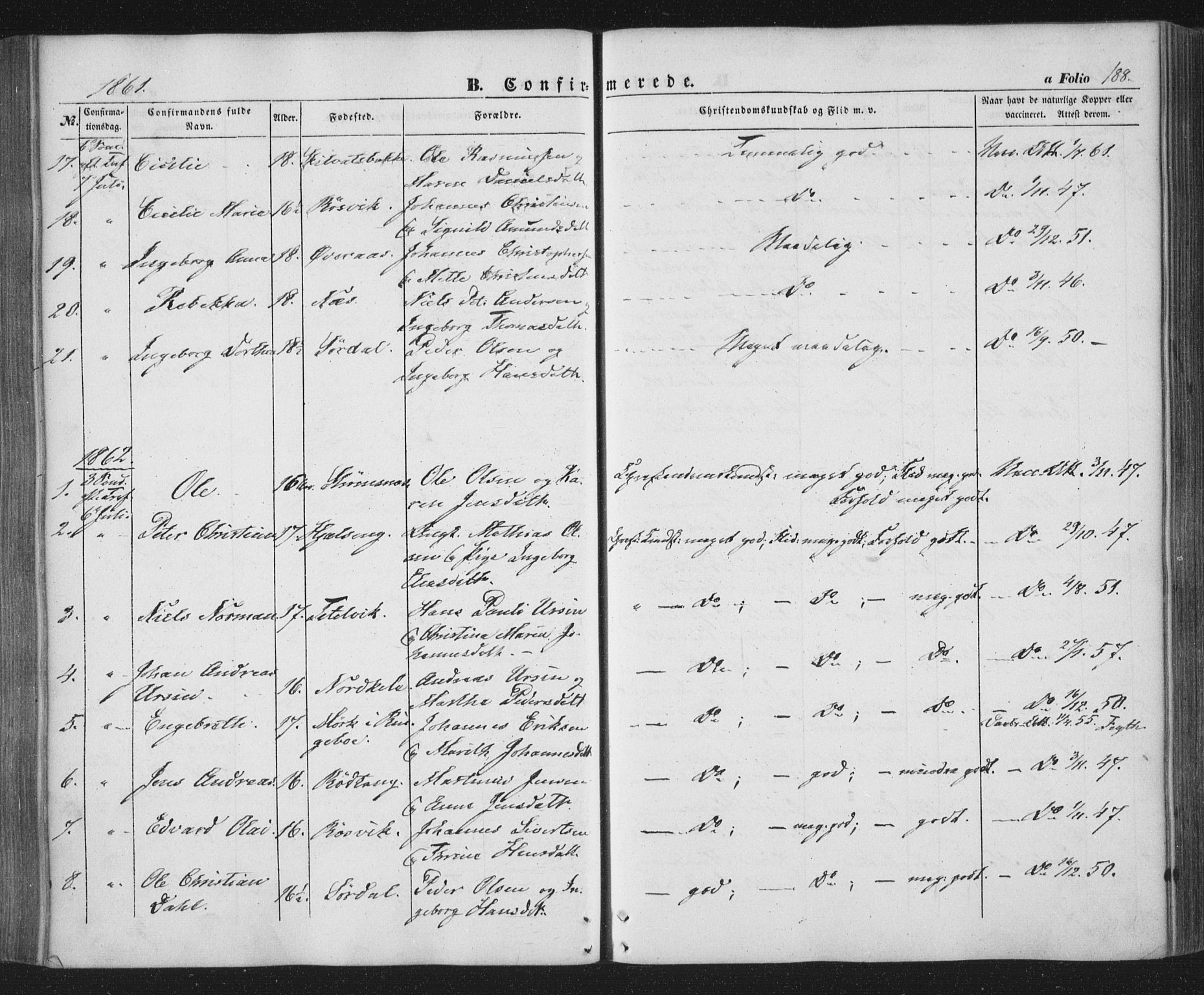 Ministerialprotokoller, klokkerbøker og fødselsregistre - Nordland, AV/SAT-A-1459/859/L0844: Parish register (official) no. 859A04, 1849-1862, p. 188