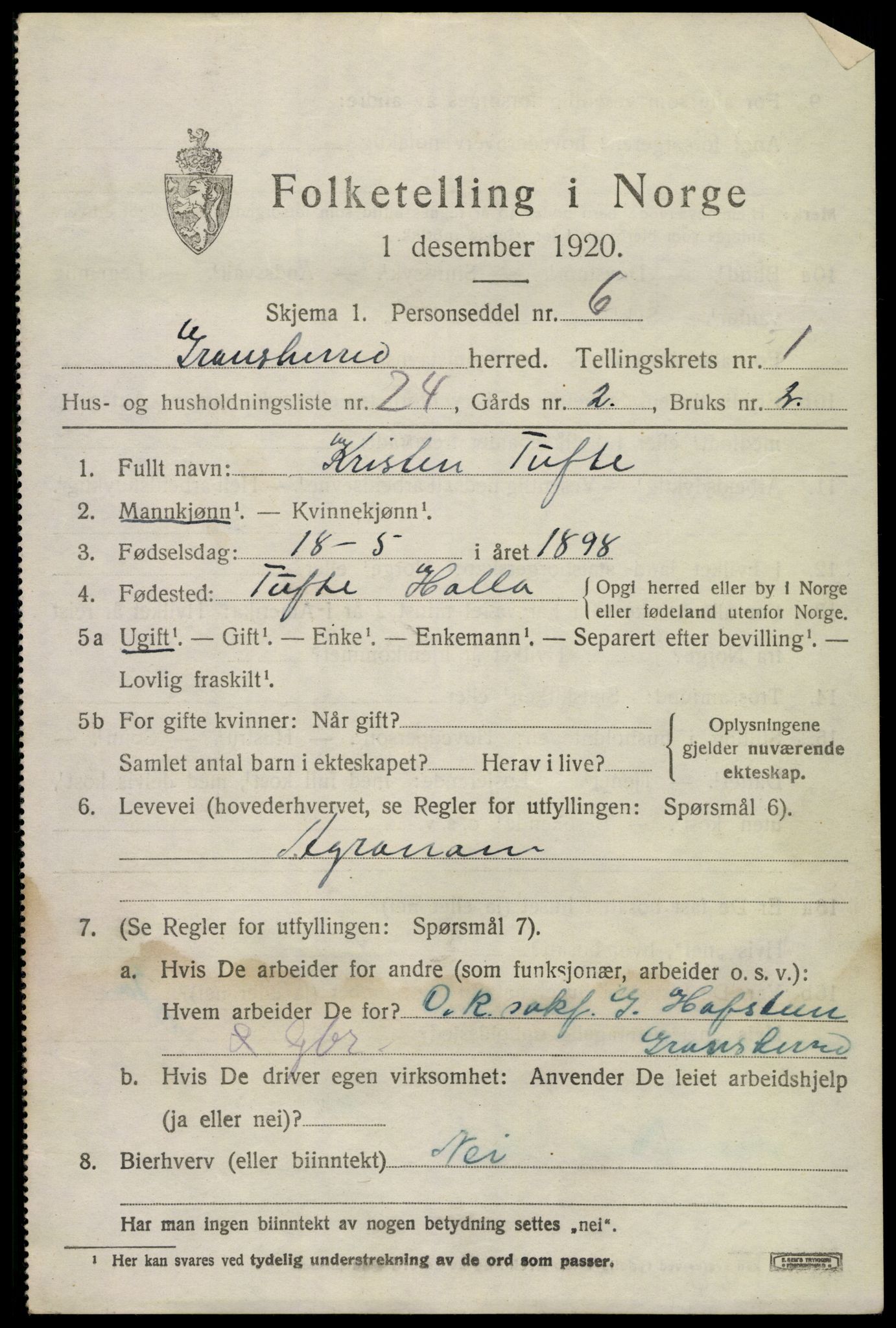 SAKO, 1920 census for Gransherad, 1920, p. 830