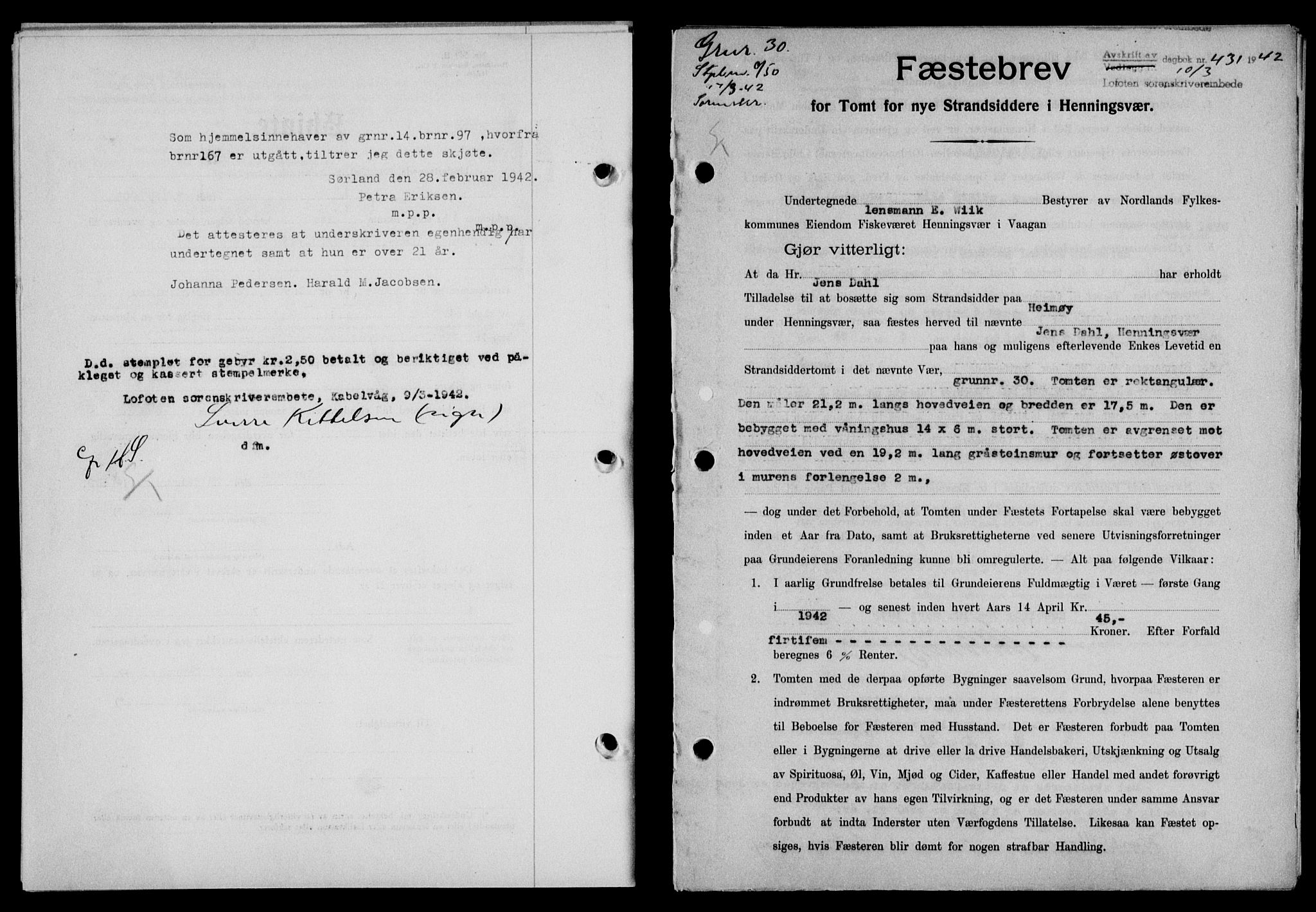 Lofoten sorenskriveri, SAT/A-0017/1/2/2C/L0009a: Mortgage book no. 9a, 1941-1942, Diary no: : 431/1942