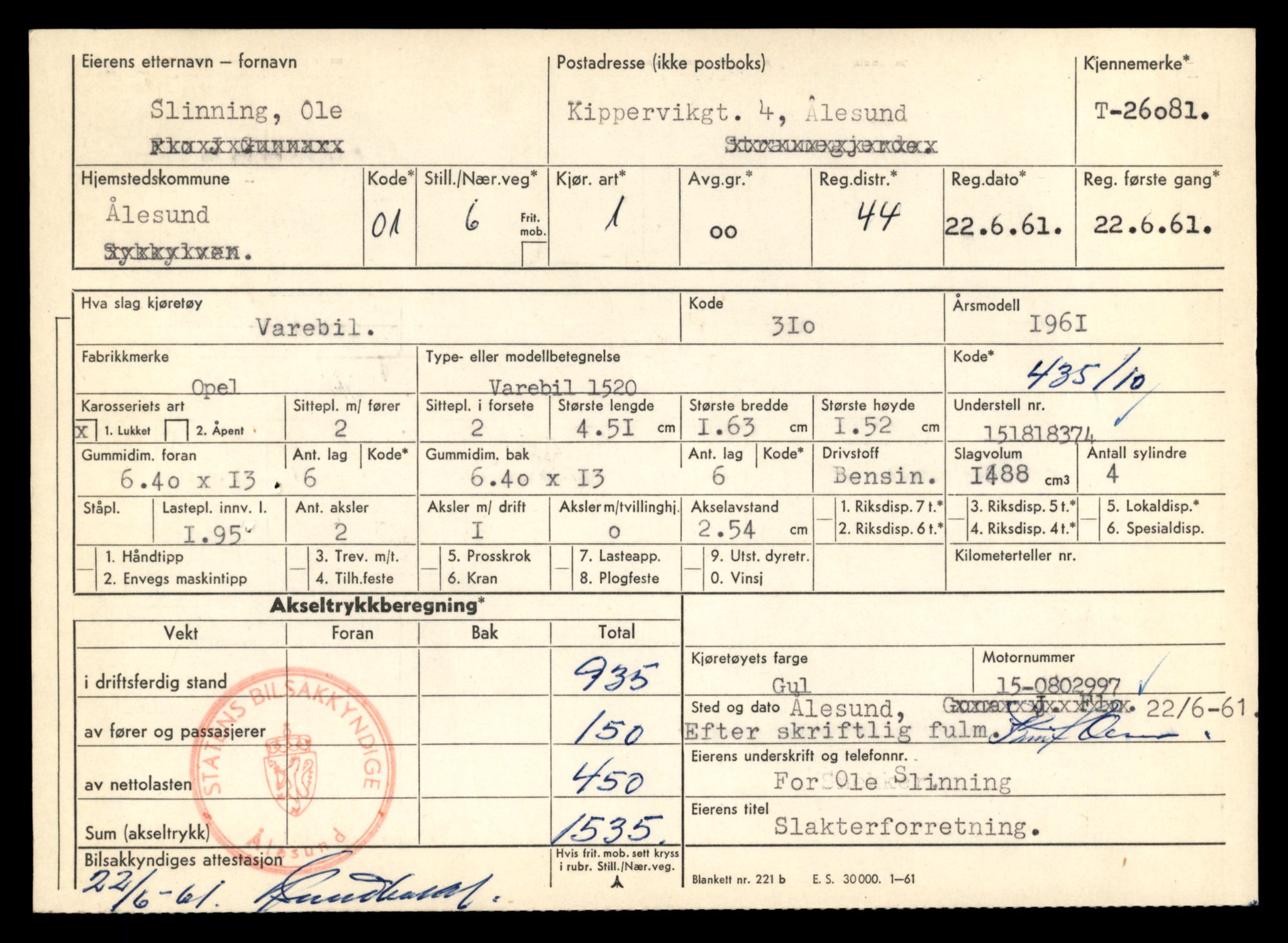 Møre og Romsdal vegkontor - Ålesund trafikkstasjon, AV/SAT-A-4099/F/Fe/L0072: Registreringskort for kjøretøy T 26081 - T 26464, 1927-1998, p. 3