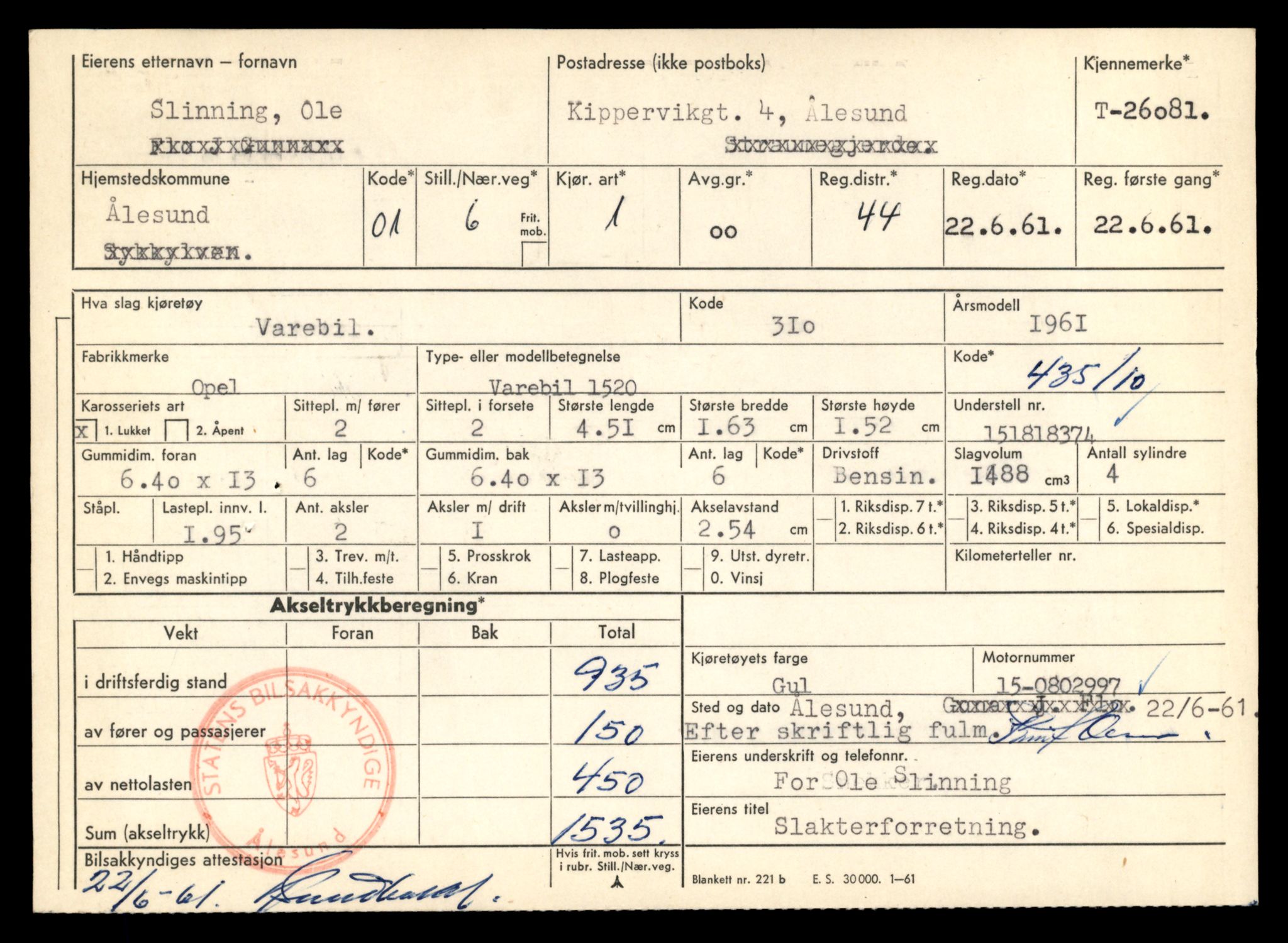 Møre og Romsdal vegkontor - Ålesund trafikkstasjon, SAT/A-4099/F/Fe/L0072: Registreringskort for kjøretøy T 26081 - T 26464, 1927-1998, p. 3