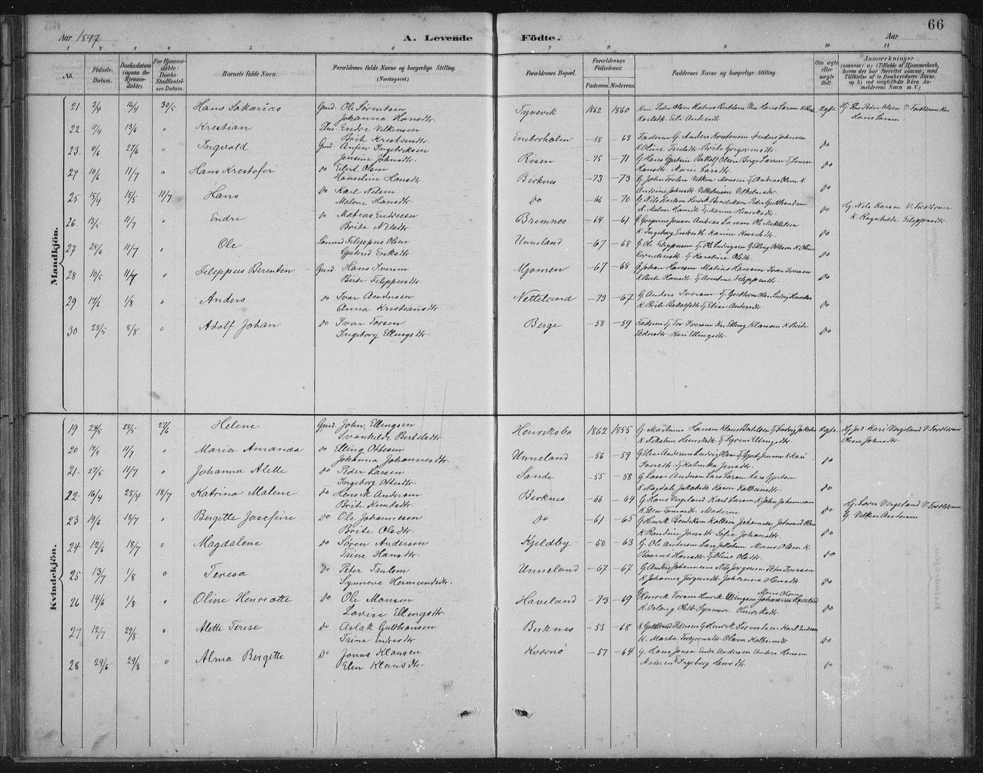 Gulen sokneprestembete, AV/SAB-A-80201/H/Hab/Habb/L0003: Parish register (copy) no. B 3, 1884-1907, p. 66