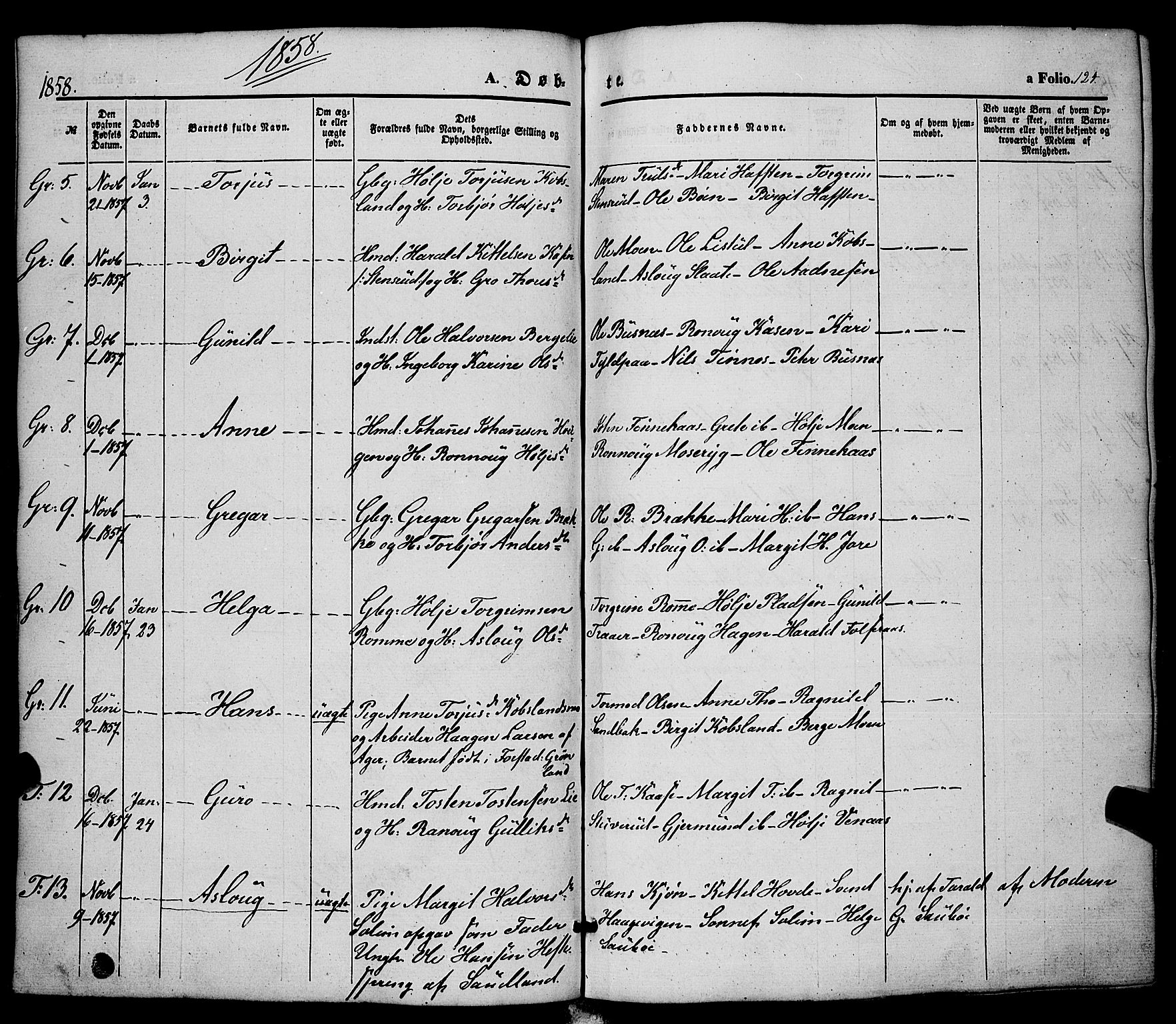 Hjartdal kirkebøker, AV/SAKO-A-270/F/Fa/L0008: Parish register (official) no. I 8, 1844-1859, p. 124