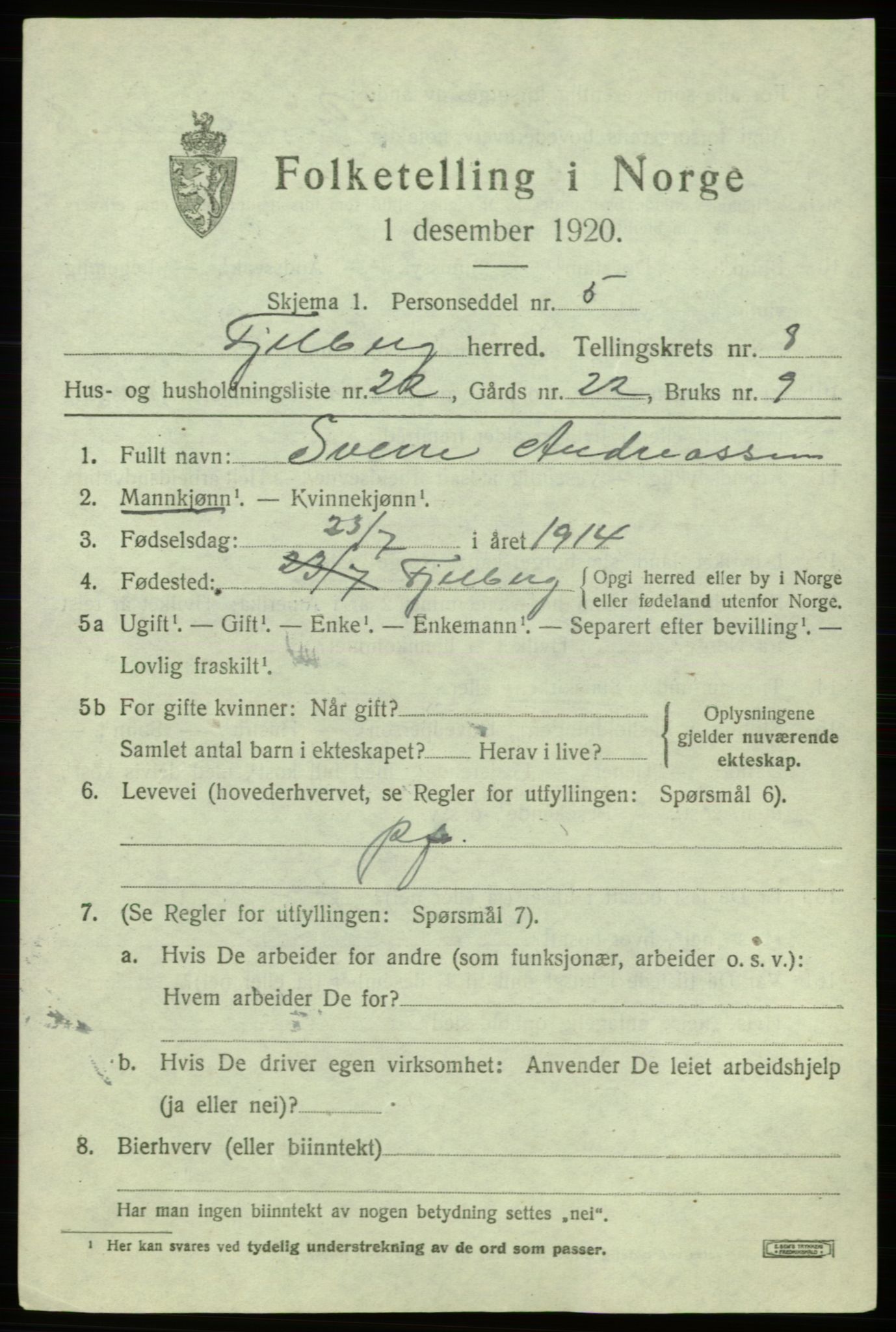 SAB, 1920 census for Fjelberg, 1920, p. 3501