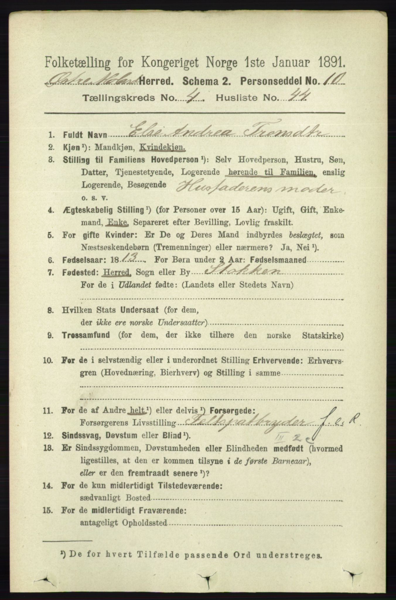 RA, 1891 census for 0918 Austre Moland, 1891, p. 2300