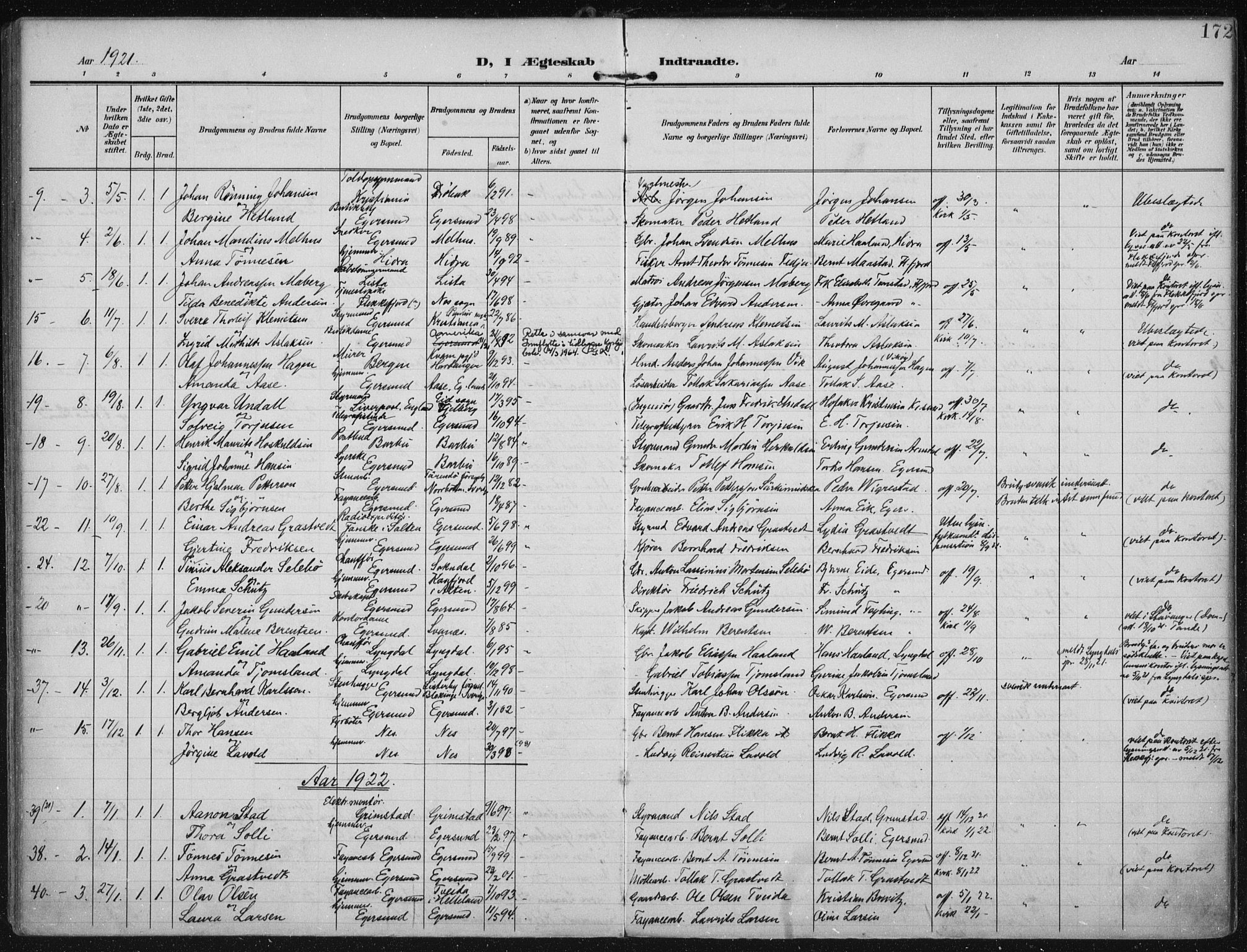 Eigersund sokneprestkontor, AV/SAST-A-101807/S08/L0022: Parish register (official) no. A 21, 1905-1928, p. 172