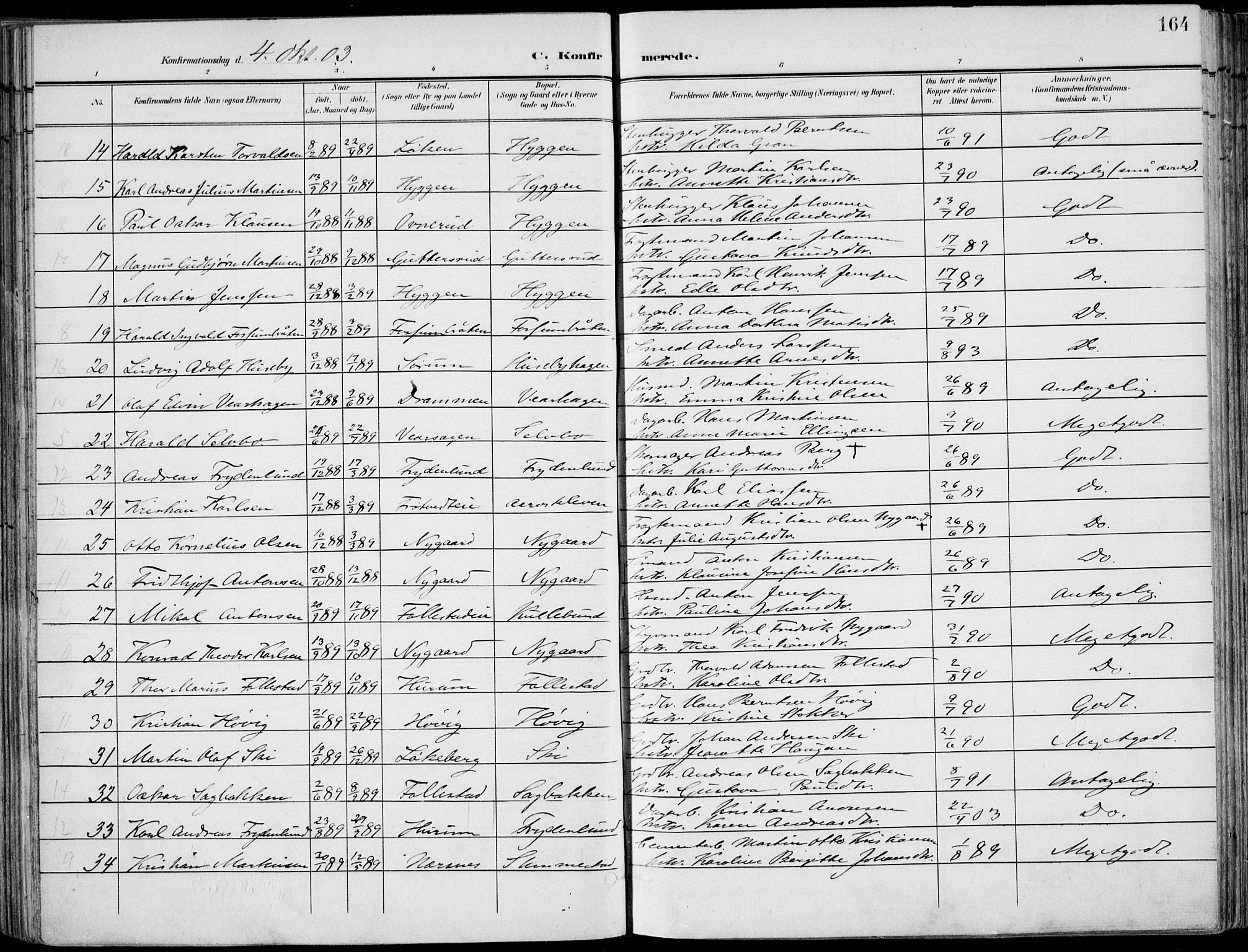 Røyken kirkebøker, SAKO/A-241/F/Fa/L0009: Parish register (official) no. 9, 1898-1911, p. 164