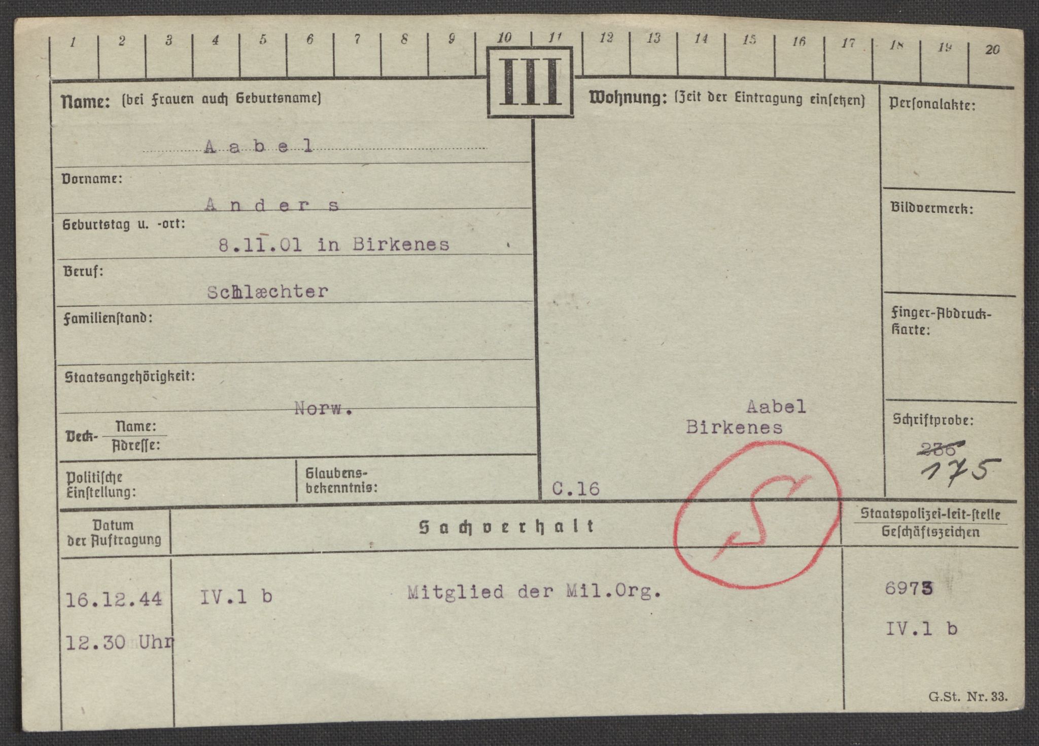 Befehlshaber der Sicherheitspolizei und des SD, AV/RA-RAFA-5969/E/Ea/Eaa/L0010: Register over norske fanger i Møllergata 19: Sø-Å, 1940-1945, p. 1366