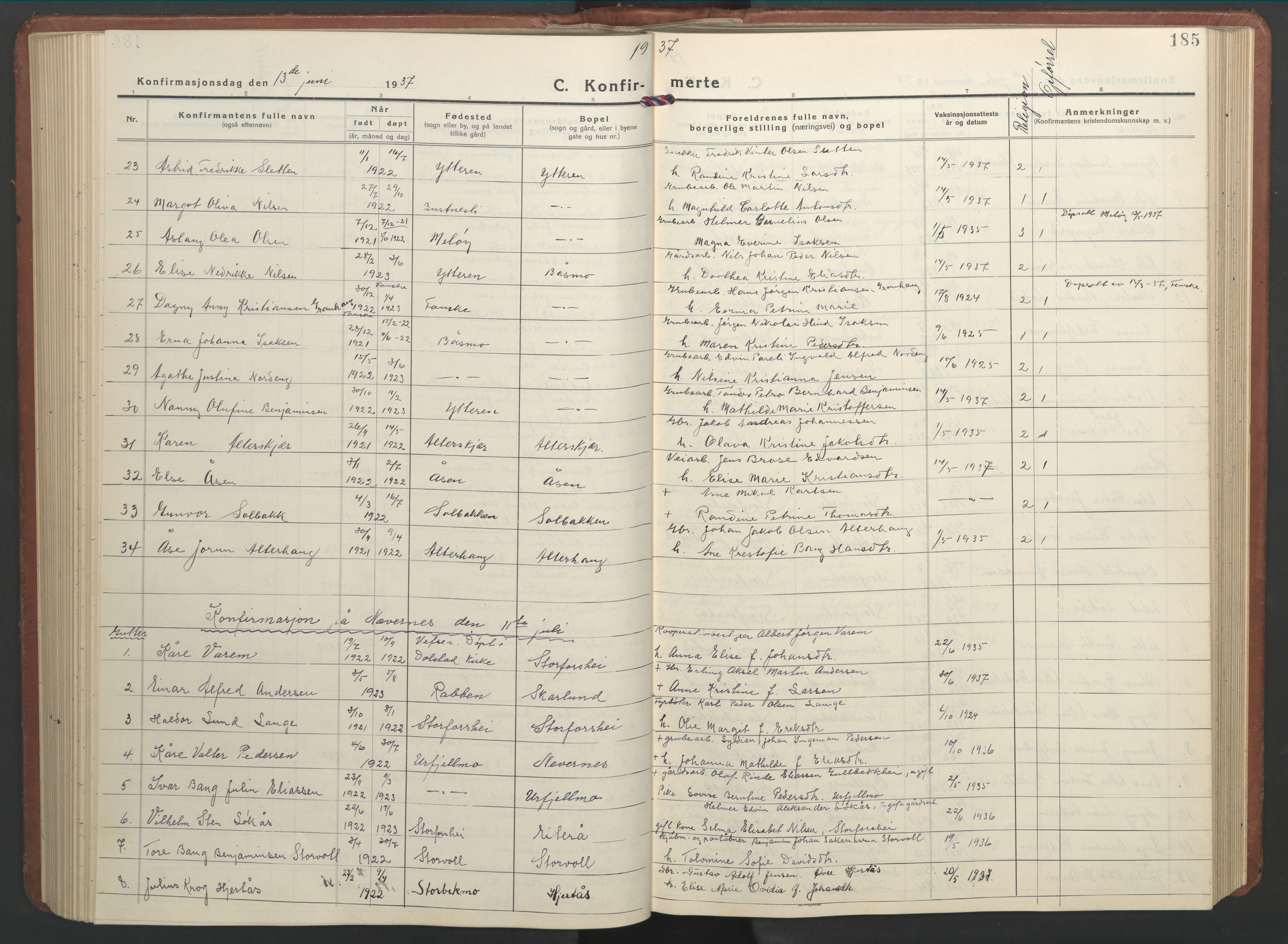 Ministerialprotokoller, klokkerbøker og fødselsregistre - Nordland, AV/SAT-A-1459/827/L0425: Parish register (copy) no. 827C14, 1931-1946, p. 185