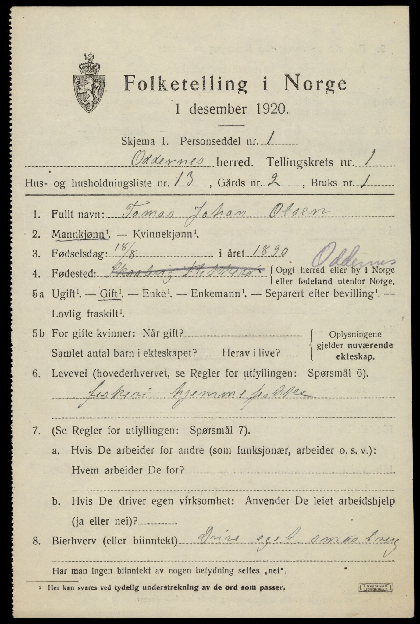 SAK, 1920 census for Oddernes, 1920, p. 2161