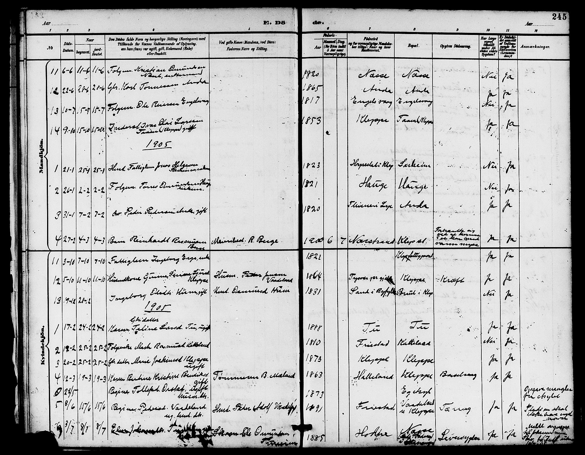 Klepp sokneprestkontor, AV/SAST-A-101803/001/3/30BB/L0004: Parish register (copy) no. B 4, 1889-1914, p. 245