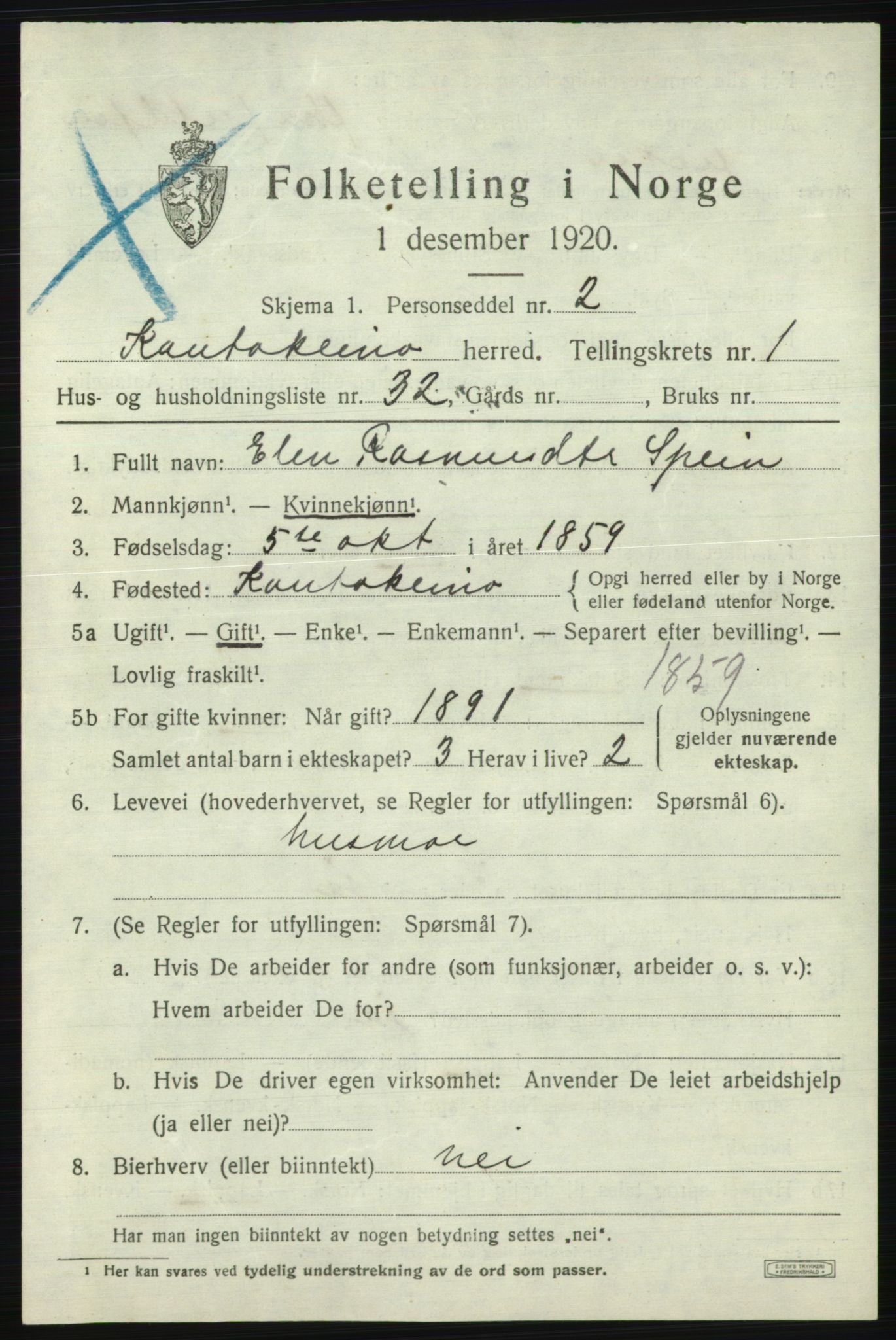 SATØ, 1920 census for Kautokeino, 1920, p. 829