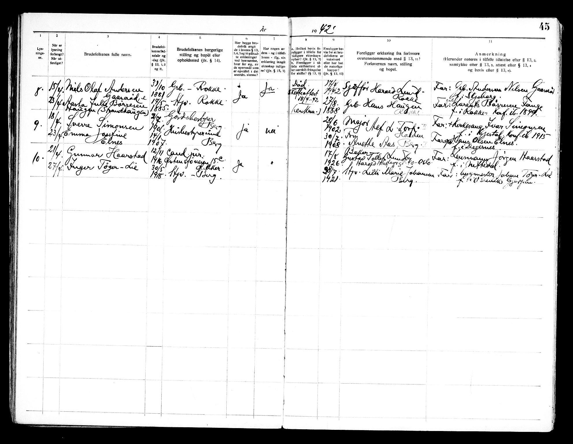 Berg prestekontor Kirkebøker, SAO/A-10902/H/Ha/L0002: Banns register no. I 2, 1919-1966, p. 45