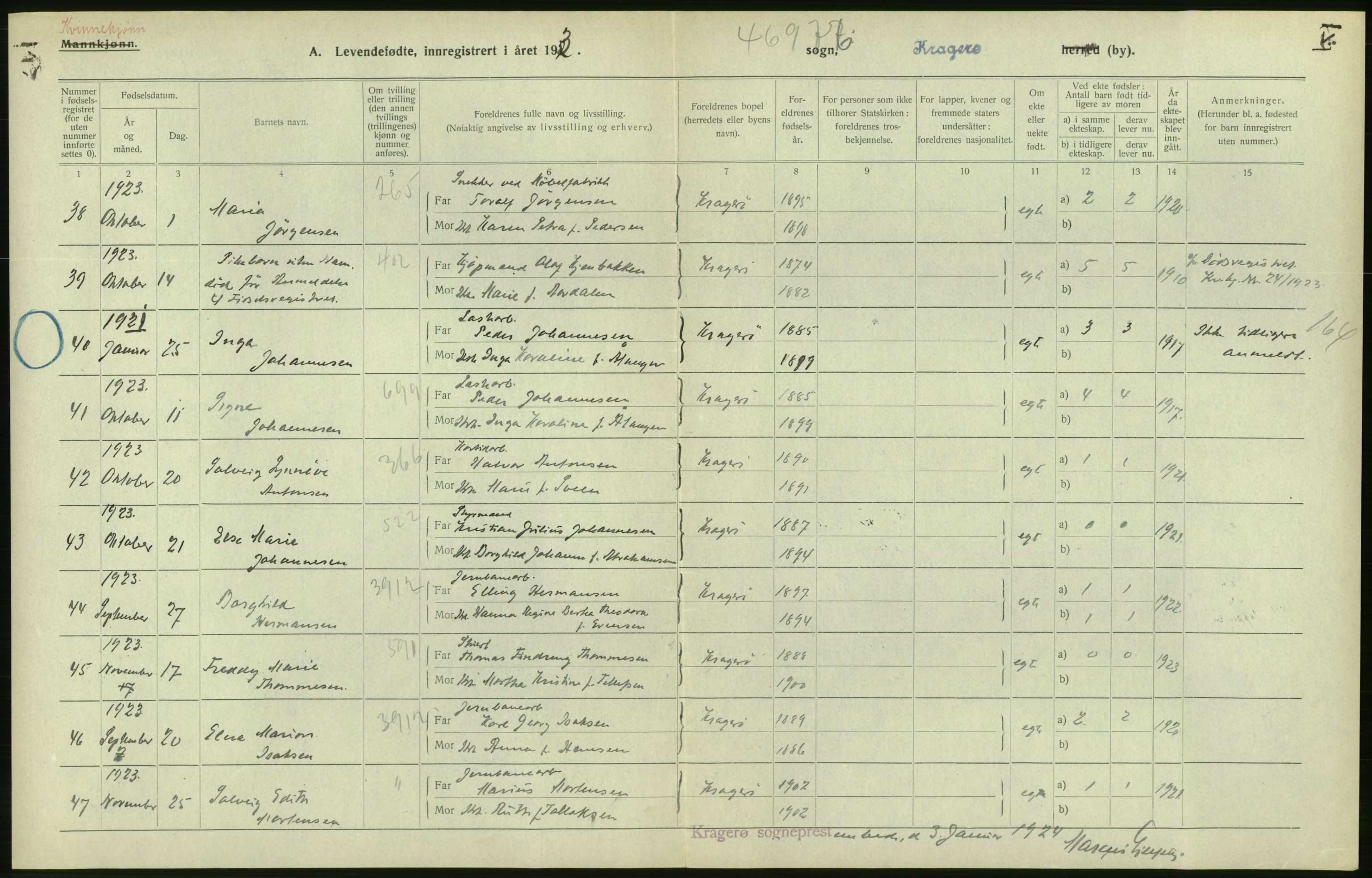 Statistisk sentralbyrå, Sosiodemografiske emner, Befolkning, AV/RA-S-2228/D/Df/Dfc/Dfcc/L0019: Telemark fylke: Levendefødte menn og kvinner. Bygder og byer., 1923, p. 608