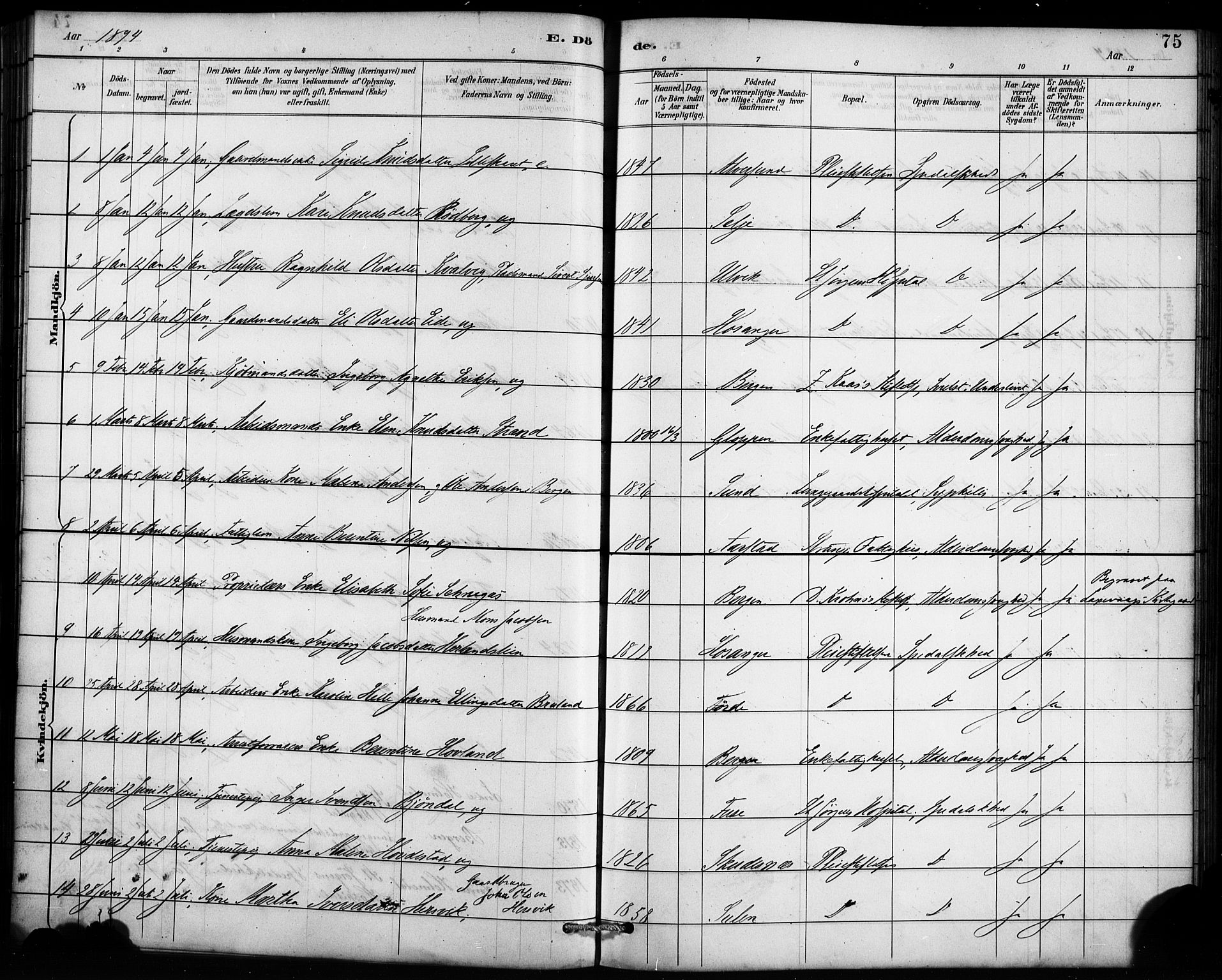 St. Jørgens hospital og Årstad sokneprestembete, AV/SAB-A-99934: Parish register (official) no. A 13, 1886-1906, p. 75