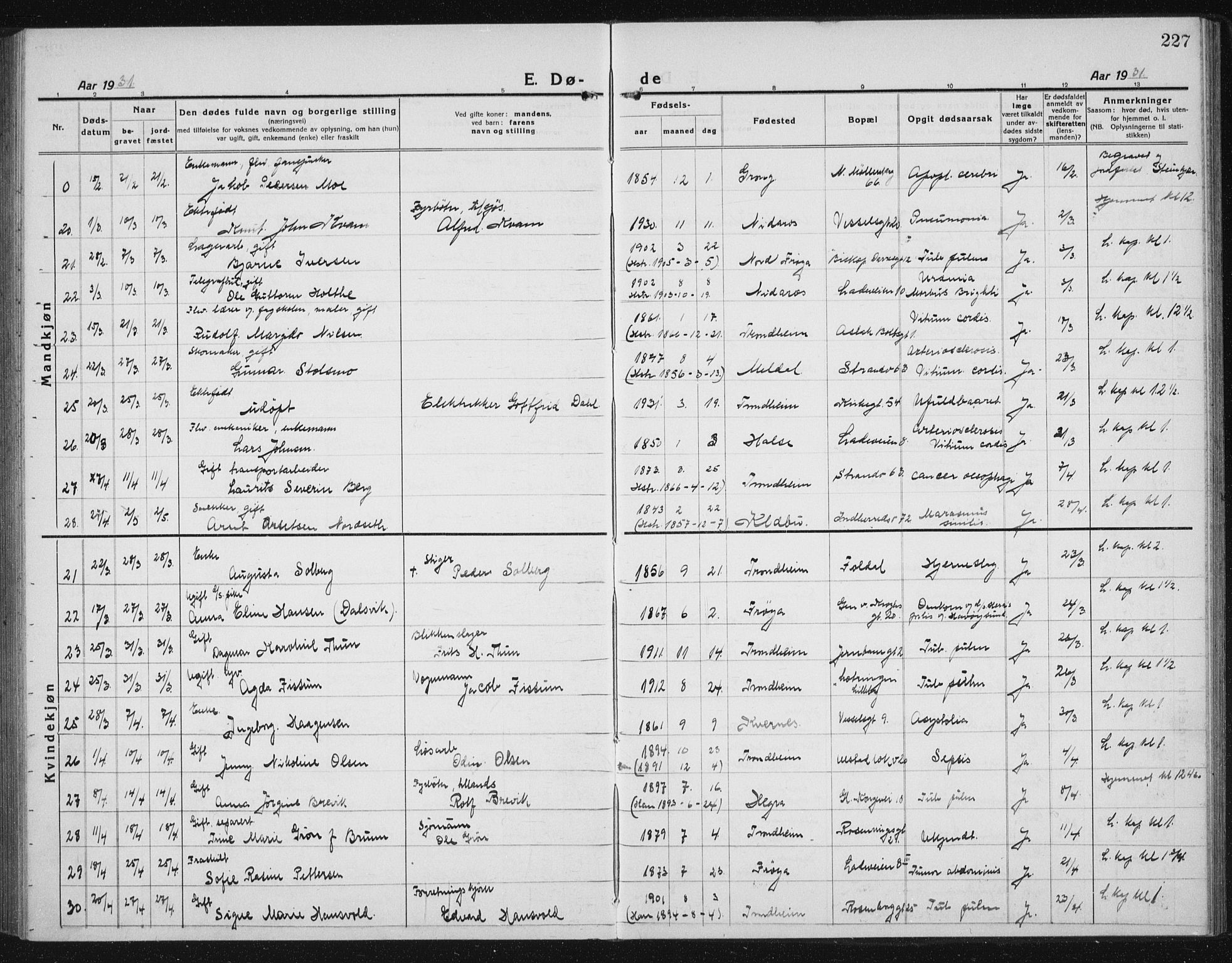 Ministerialprotokoller, klokkerbøker og fødselsregistre - Sør-Trøndelag, AV/SAT-A-1456/605/L0260: Parish register (copy) no. 605C07, 1922-1942, p. 227