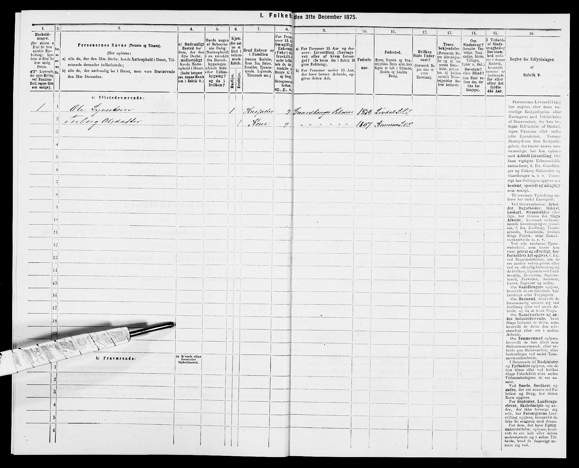 SAK, 1875 census for 1020P Holum, 1875, p. 1415