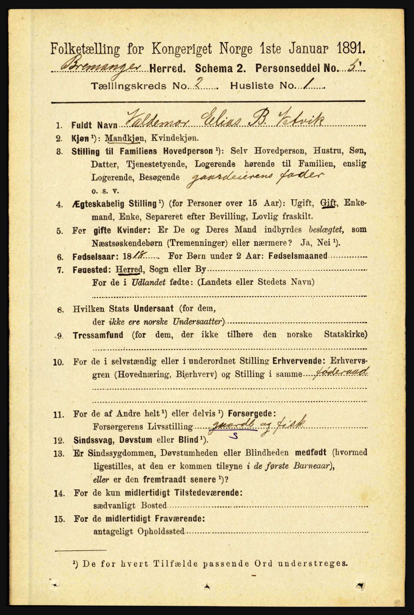 RA, 1891 census for 1438 Bremanger, 1891, p. 656