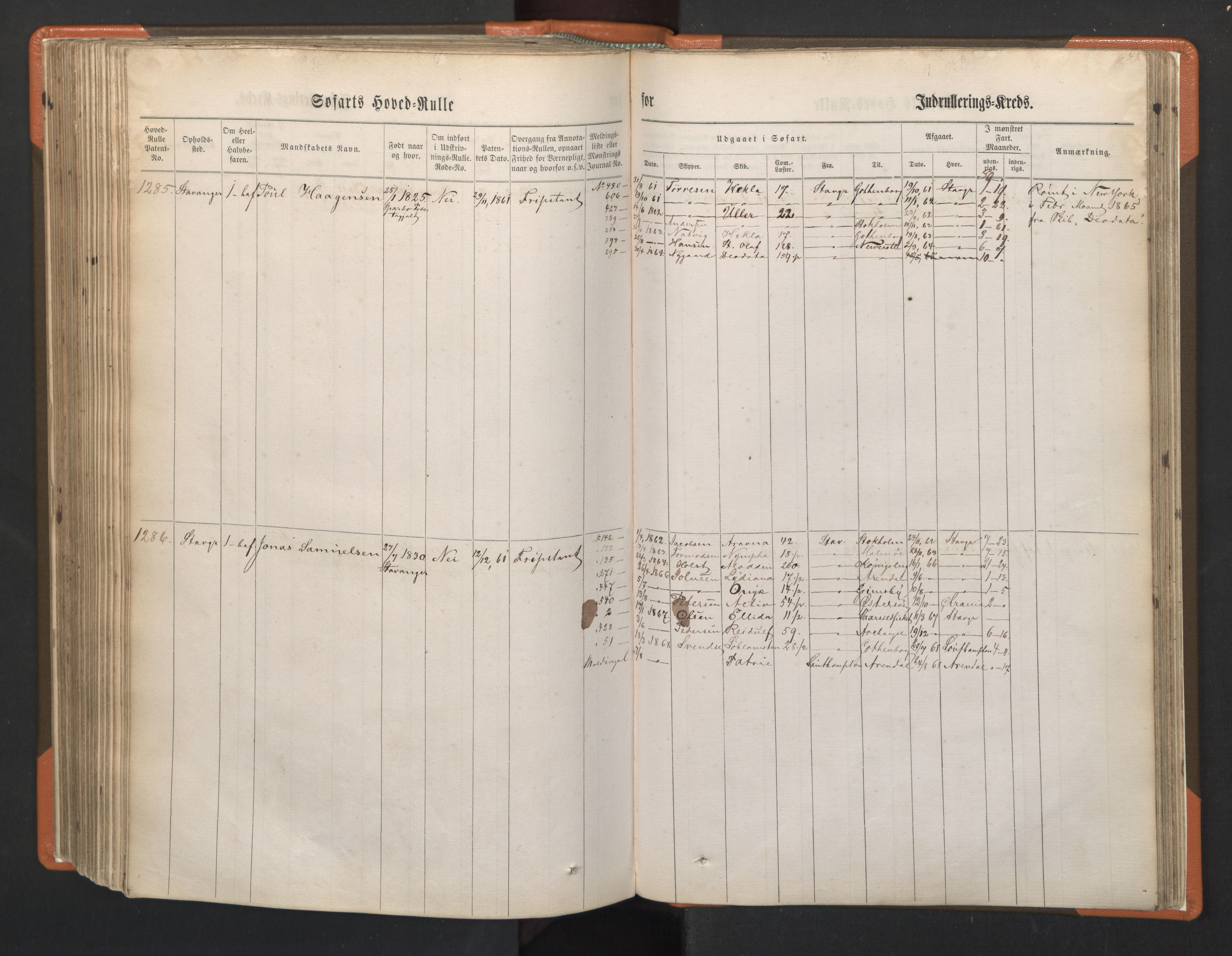 Stavanger sjømannskontor, AV/SAST-A-102006/F/Fb/Fbb/L0002: Sjøfartshovedrulle, patentnr. 721-1450 (del 2), 1863, p. 291