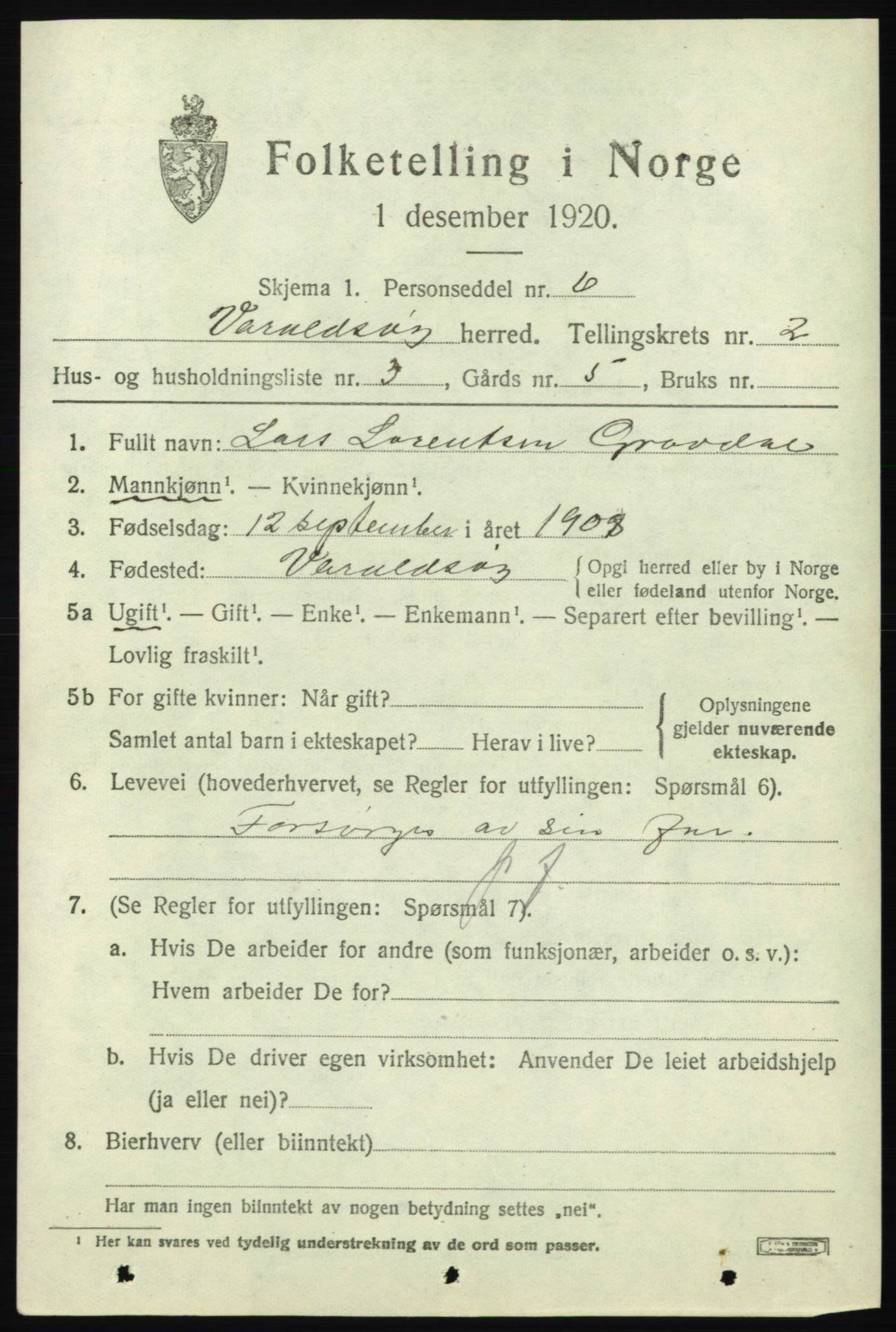 SAB, 1920 census for Varaldsøy, 1920, p. 773