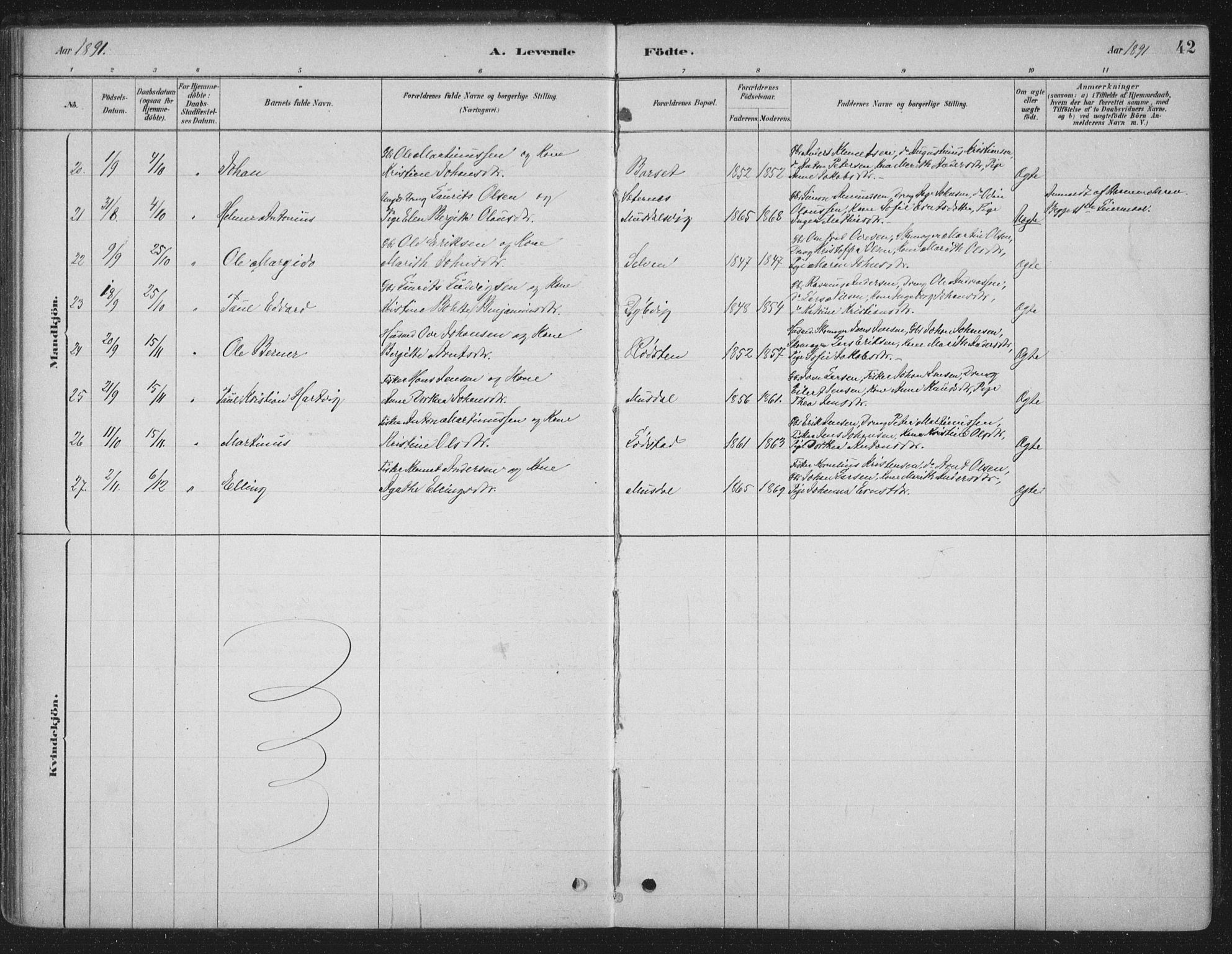 Ministerialprotokoller, klokkerbøker og fødselsregistre - Sør-Trøndelag, SAT/A-1456/662/L0755: Parish register (official) no. 662A01, 1879-1905, p. 42
