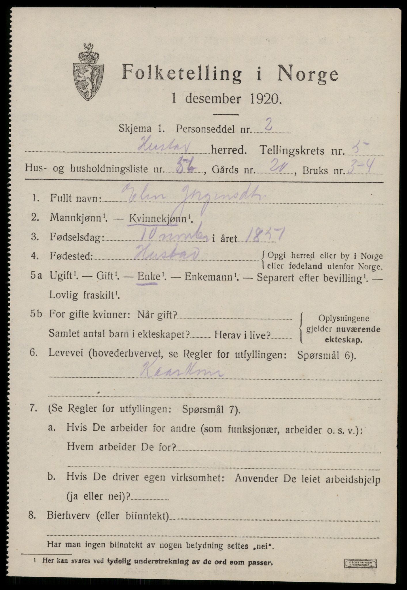 SAT, 1920 census for Hustad, 1920, p. 4159