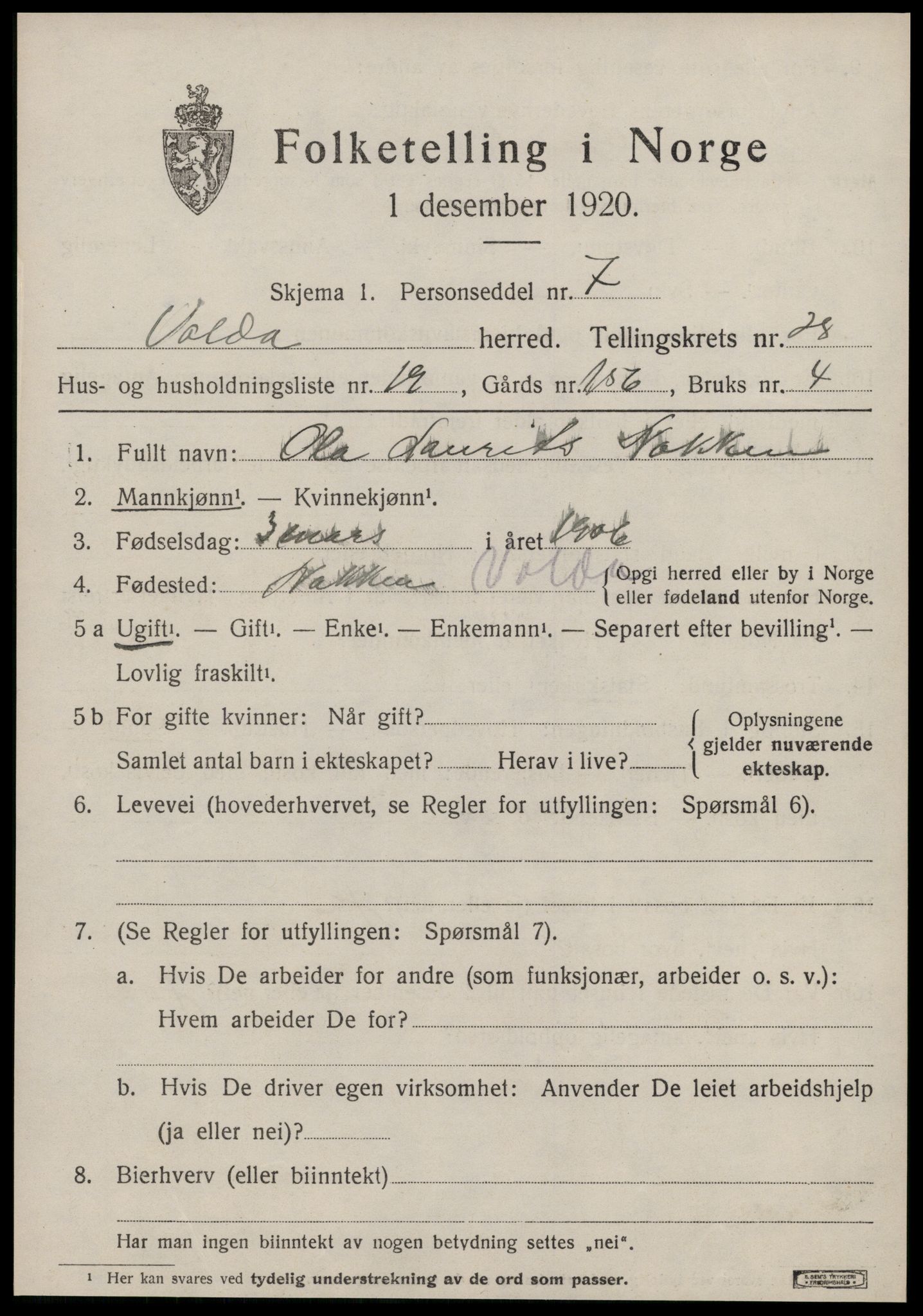 SAT, 1920 census for Volda, 1920, p. 13152