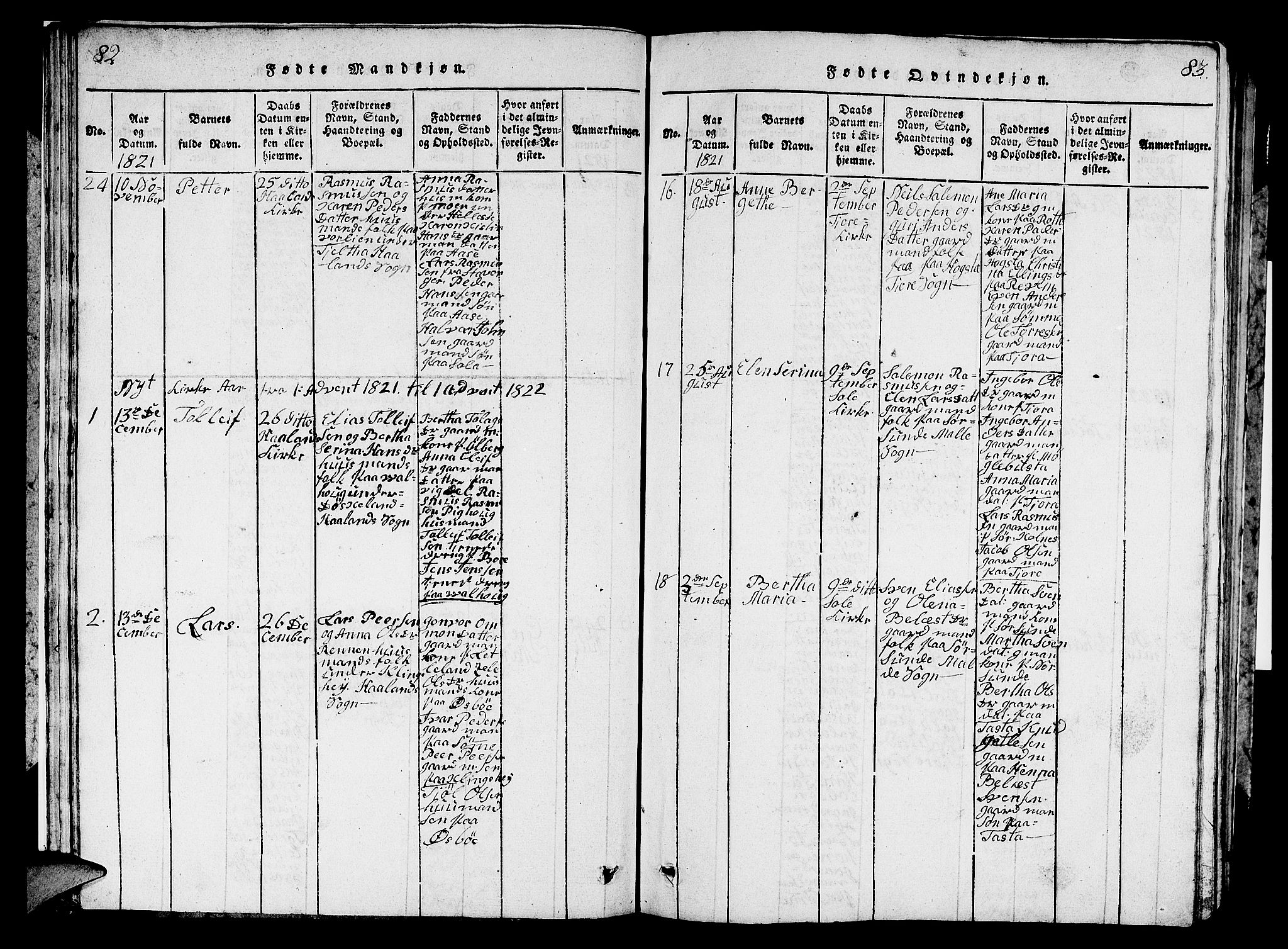 Håland sokneprestkontor, AV/SAST-A-101802/001/30BB/L0001: Parish register (copy) no. B 1, 1815-1845, p. 82-83