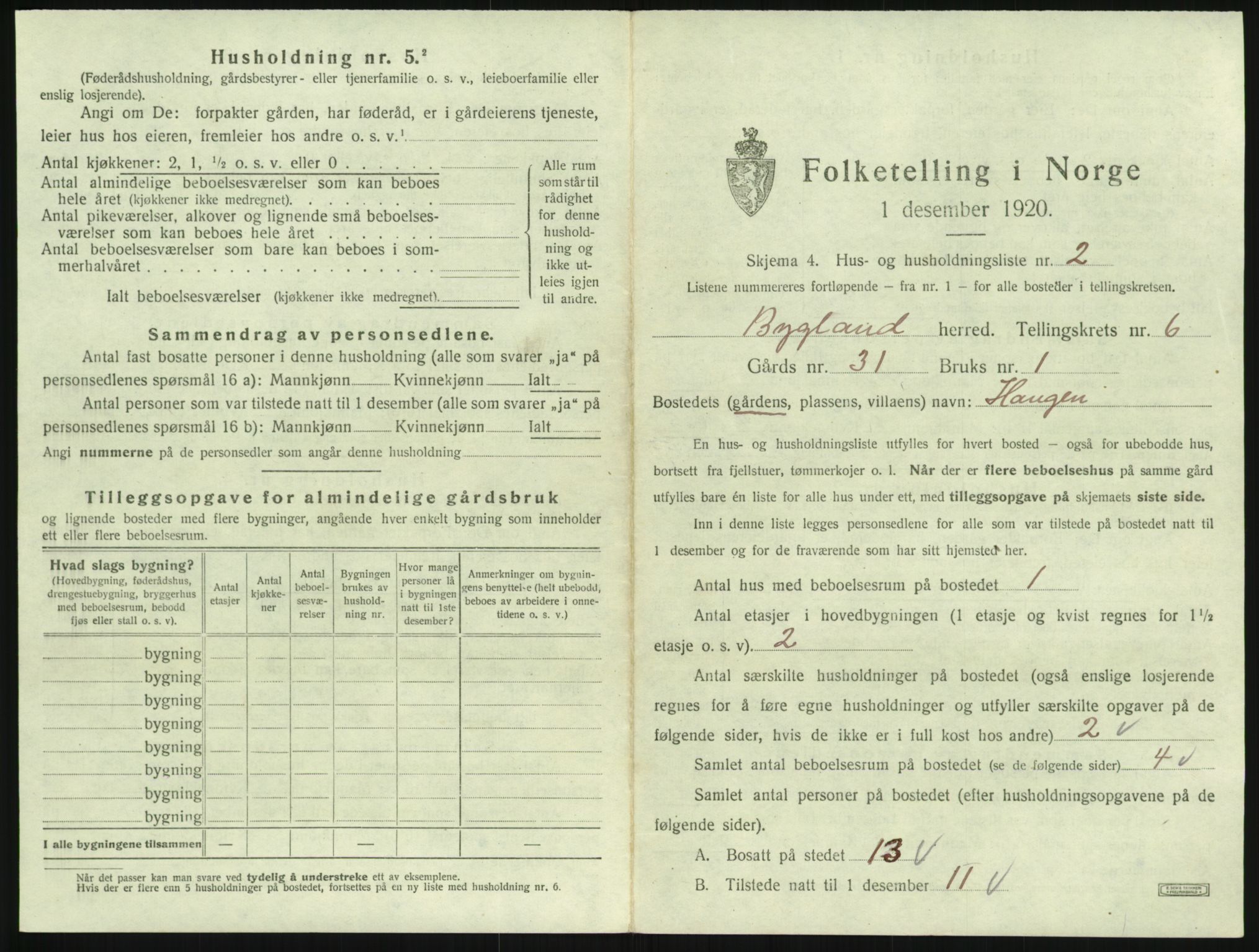 SAK, 1920 census for Bygland, 1920, p. 283