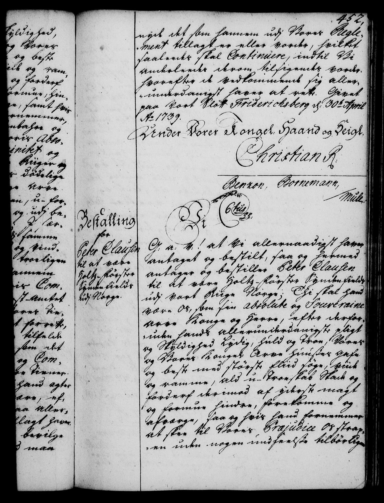 Rentekammeret, Kammerkanselliet, RA/EA-3111/G/Gg/Gge/L0002: Norsk bestallingsprotokoll med register (merket RK 53.26), 1730-1744, p. 452