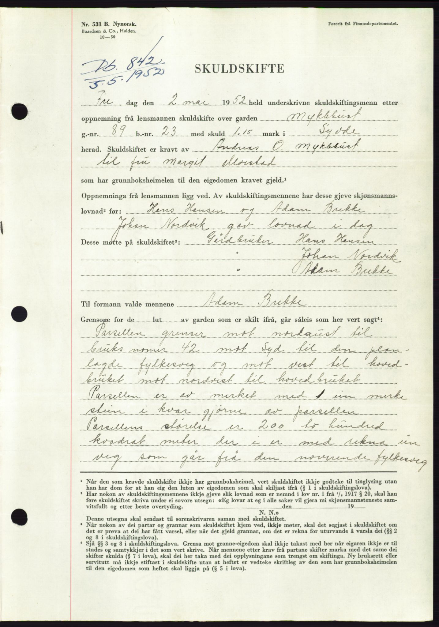 Søre Sunnmøre sorenskriveri, AV/SAT-A-4122/1/2/2C/L0092: Mortgage book no. 18A, 1952-1952, Diary no: : 842/1952