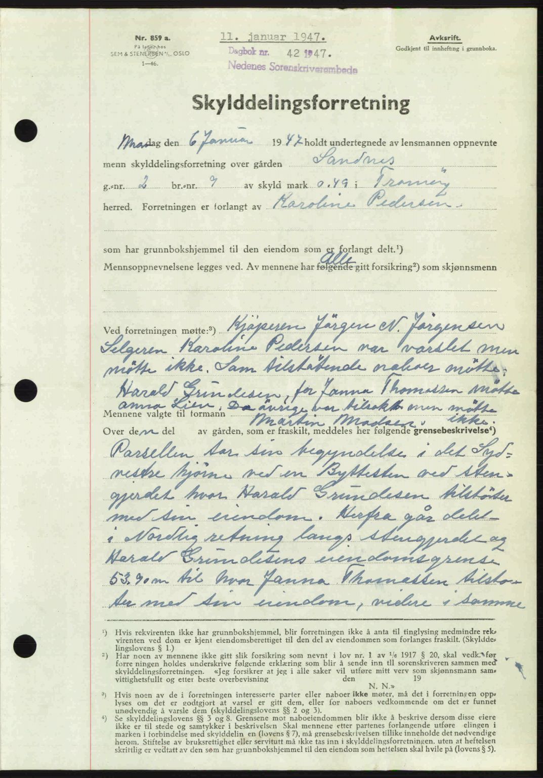 Nedenes sorenskriveri, SAK/1221-0006/G/Gb/Gba/L0056: Mortgage book no. A8, 1946-1947, Diary no: : 42/1947